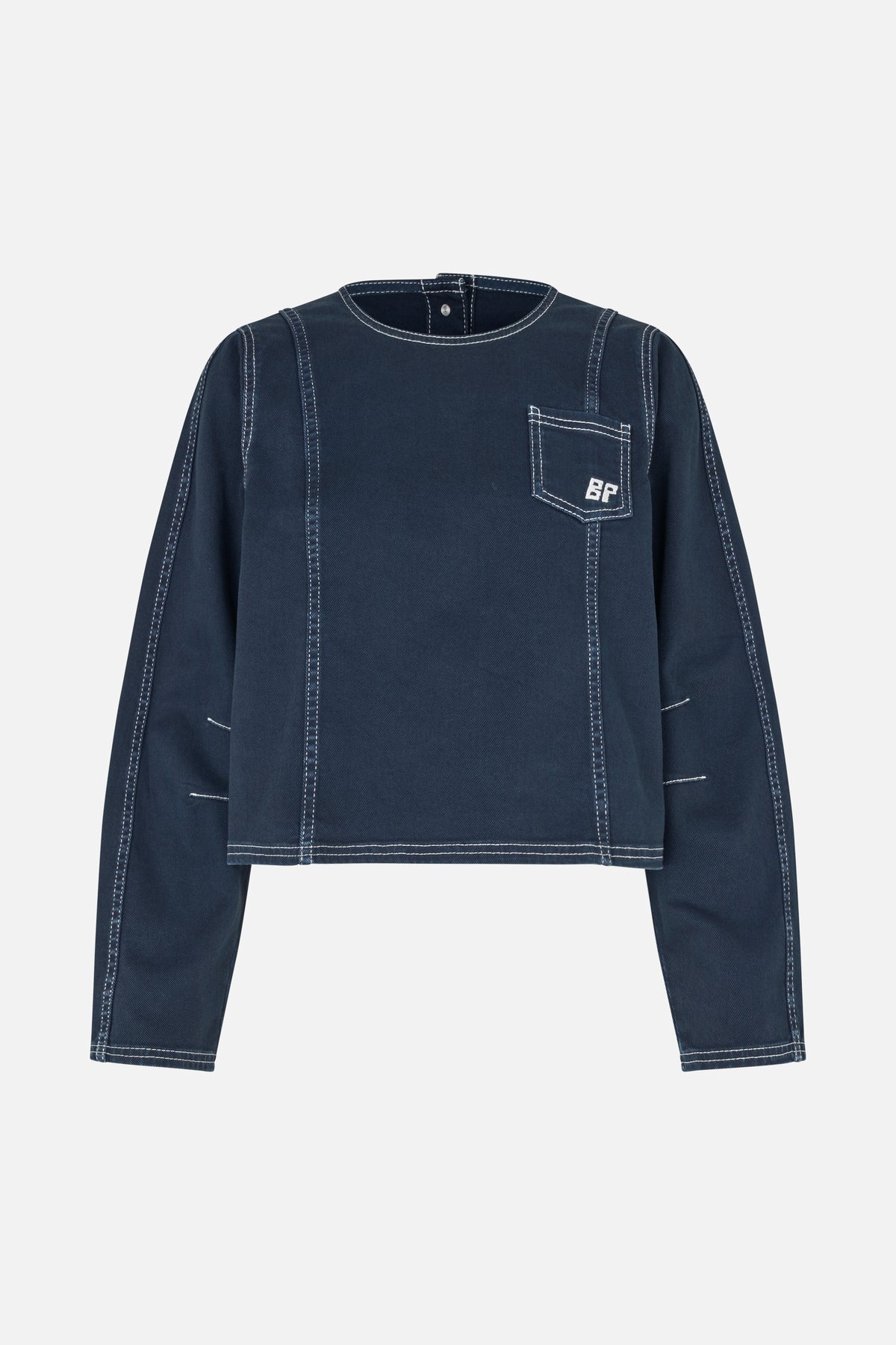 Front view of a dark navy long-sleeved top with white contrast stitching, panel seams and a chest pocket with a BP mark.
