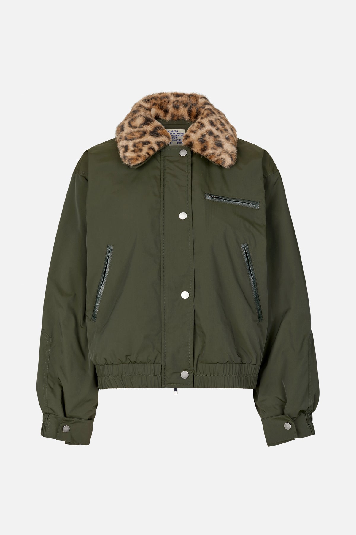 Front view of an olive green jacket with a plush tan and black leopard-print collar, snap fastening, zip pockets and elasticated hem.