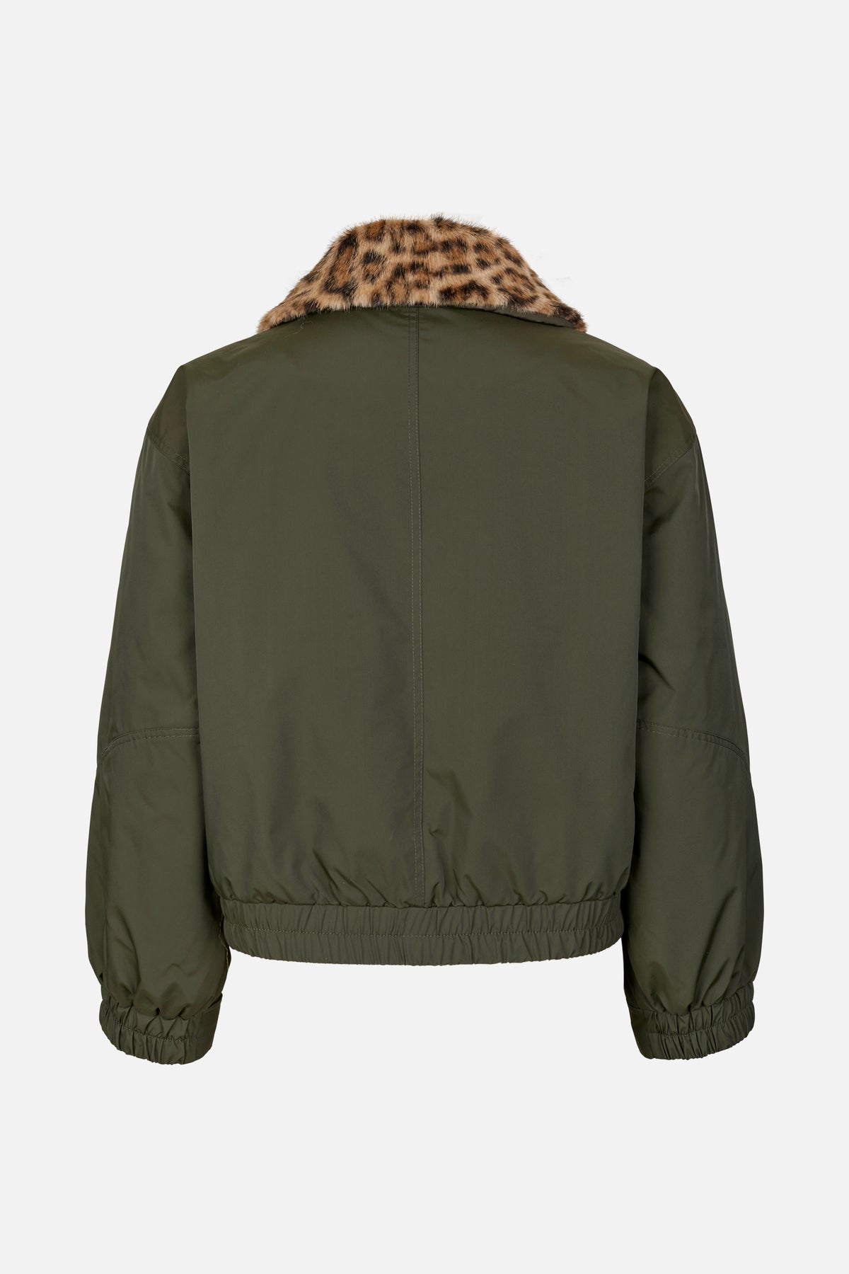 Back view of an olive green jacket with gathered cuffs and hem and a wide brown-and-black animal-print collar.