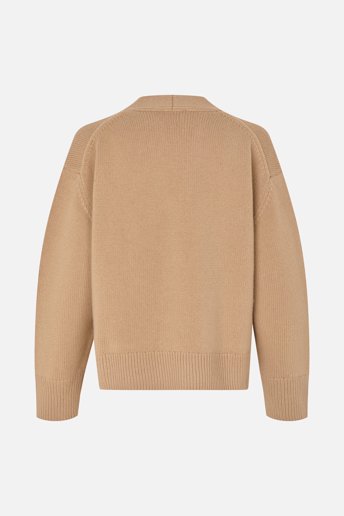 Back view of a plain camel-brown knitted sweater with a high collar and ribbed cuffs and hem.