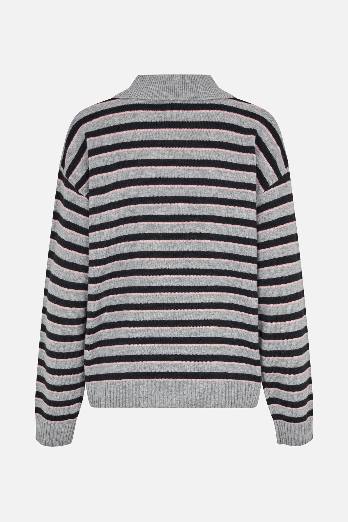 Back view of a grey knit sweater with black and thin pink horizontal stripes, a ribbed high neck, cuffs and hem.