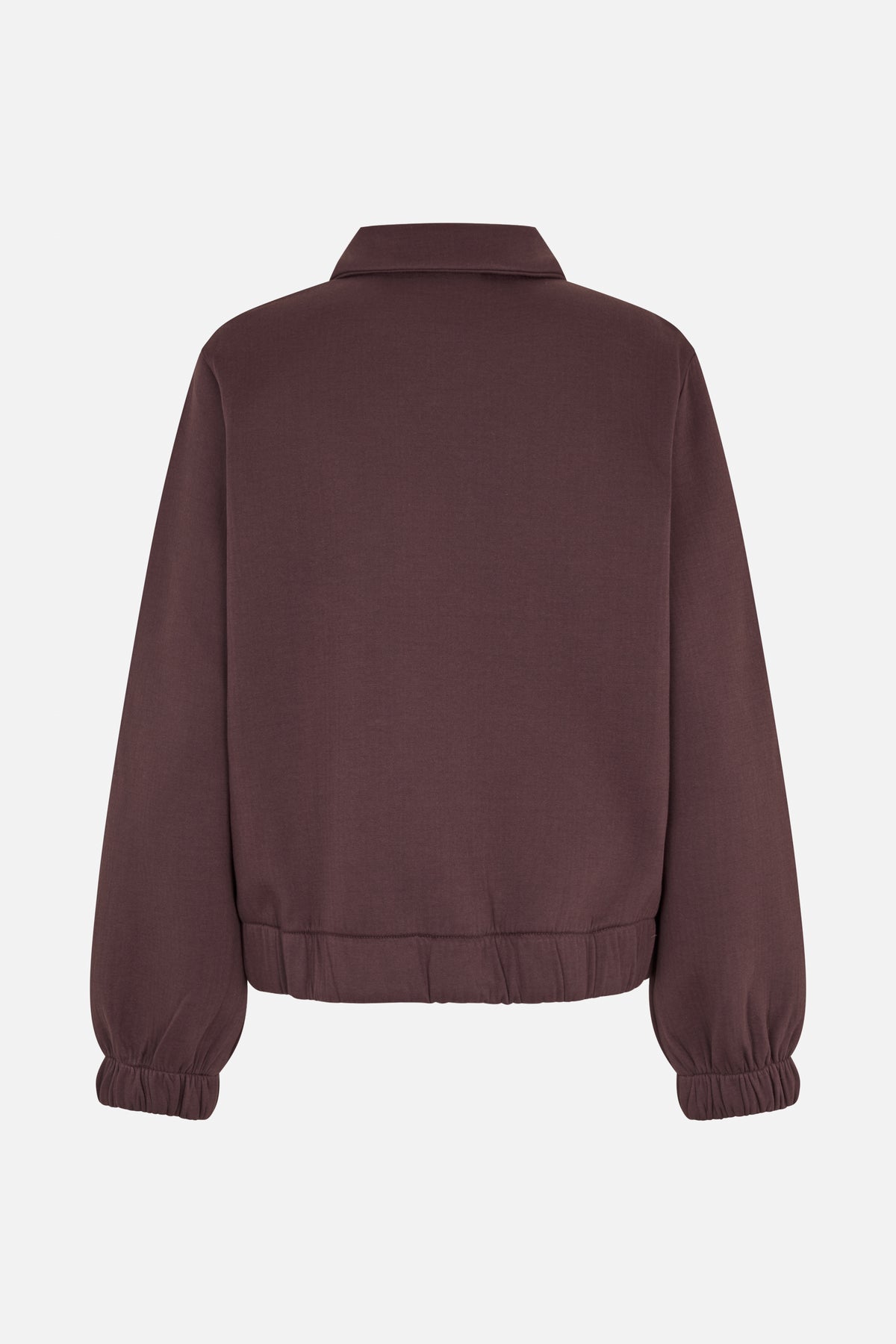 Back view of a plain dark plum long-sleeved jacket with a collar and gathered elastic cuffs and hem