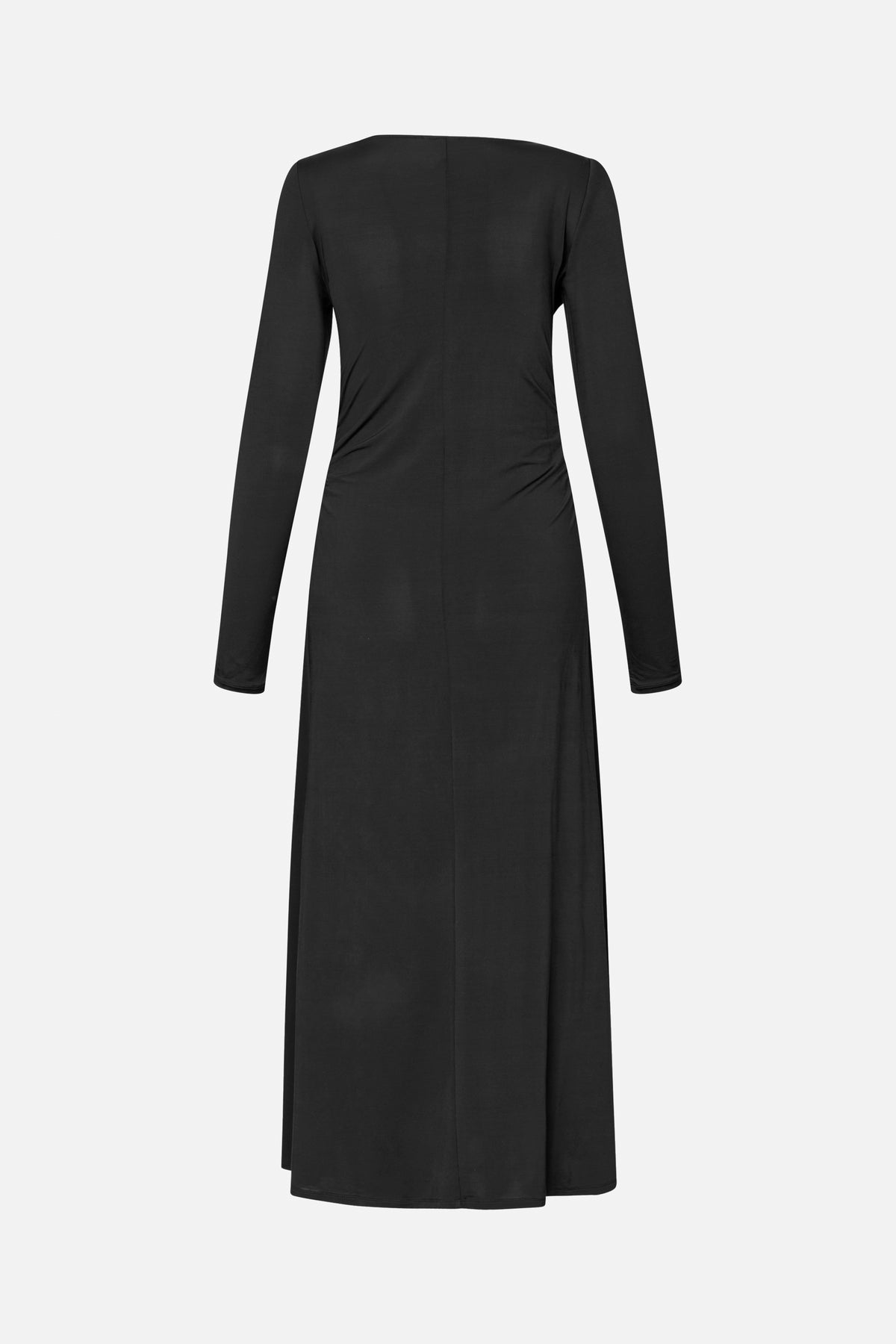 Black long-sleeved dress with a straight neckline, centre seam and subtle waist ruching, shown full length against a light background.