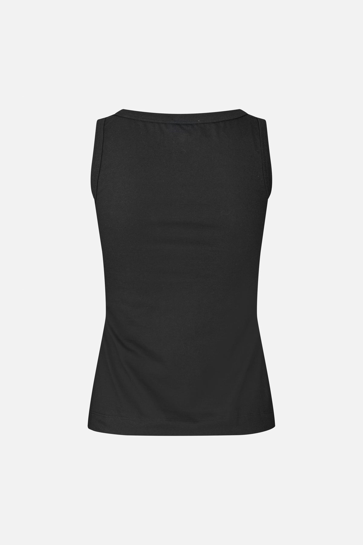 Back view of a plain black sleeveless top with a rounded neckline and fitted waist