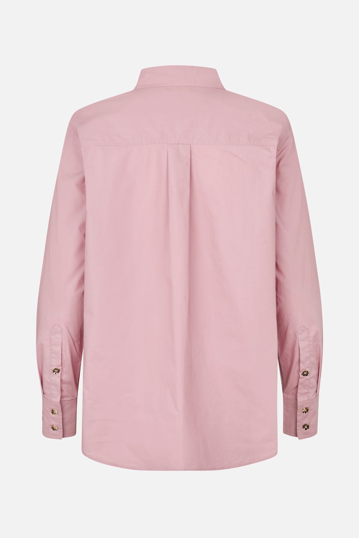 Back view of a pale pink long-sleeved shirt with a pointed collar, central pleat and buttoned cuffs.