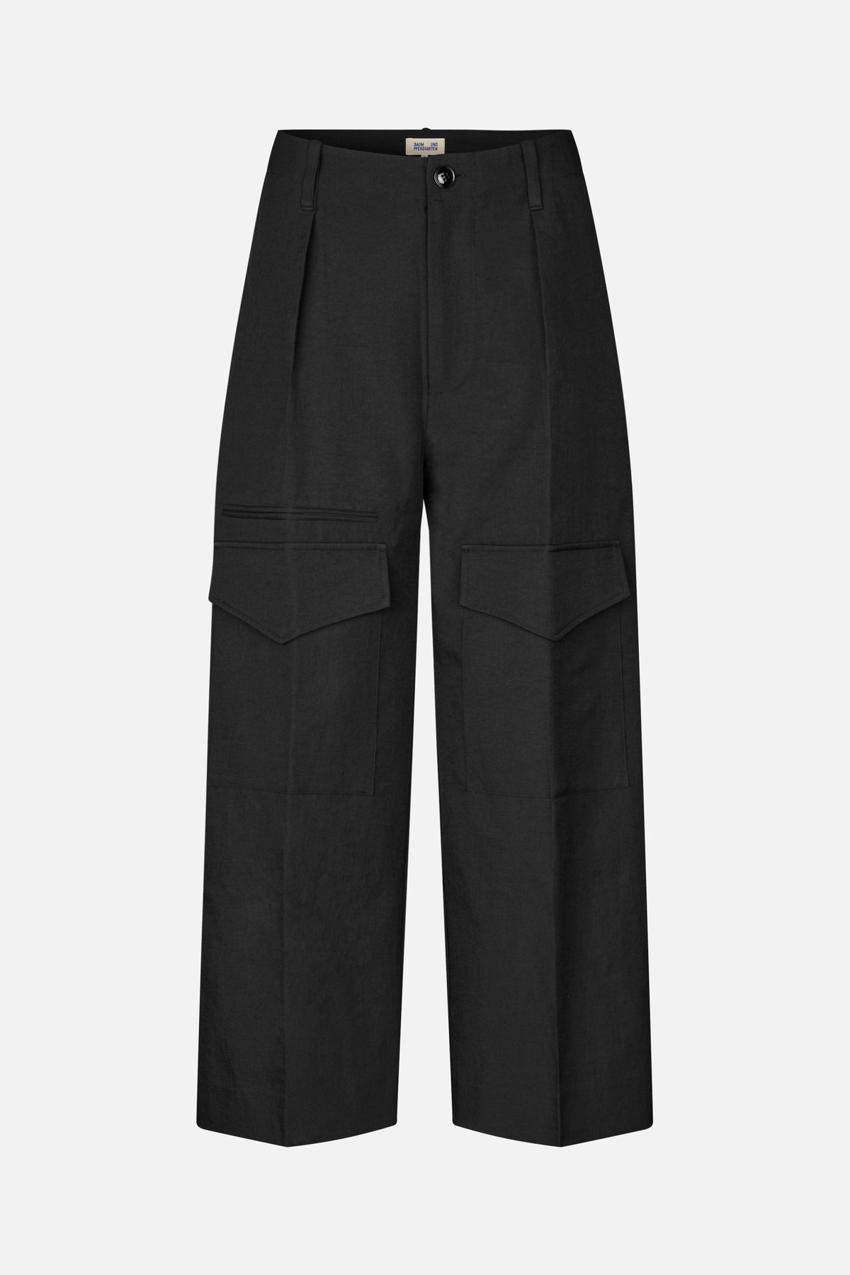 Front view of black wide-leg trousers with belt loops, a button closure, and large flap cargo pockets on the thighs.
