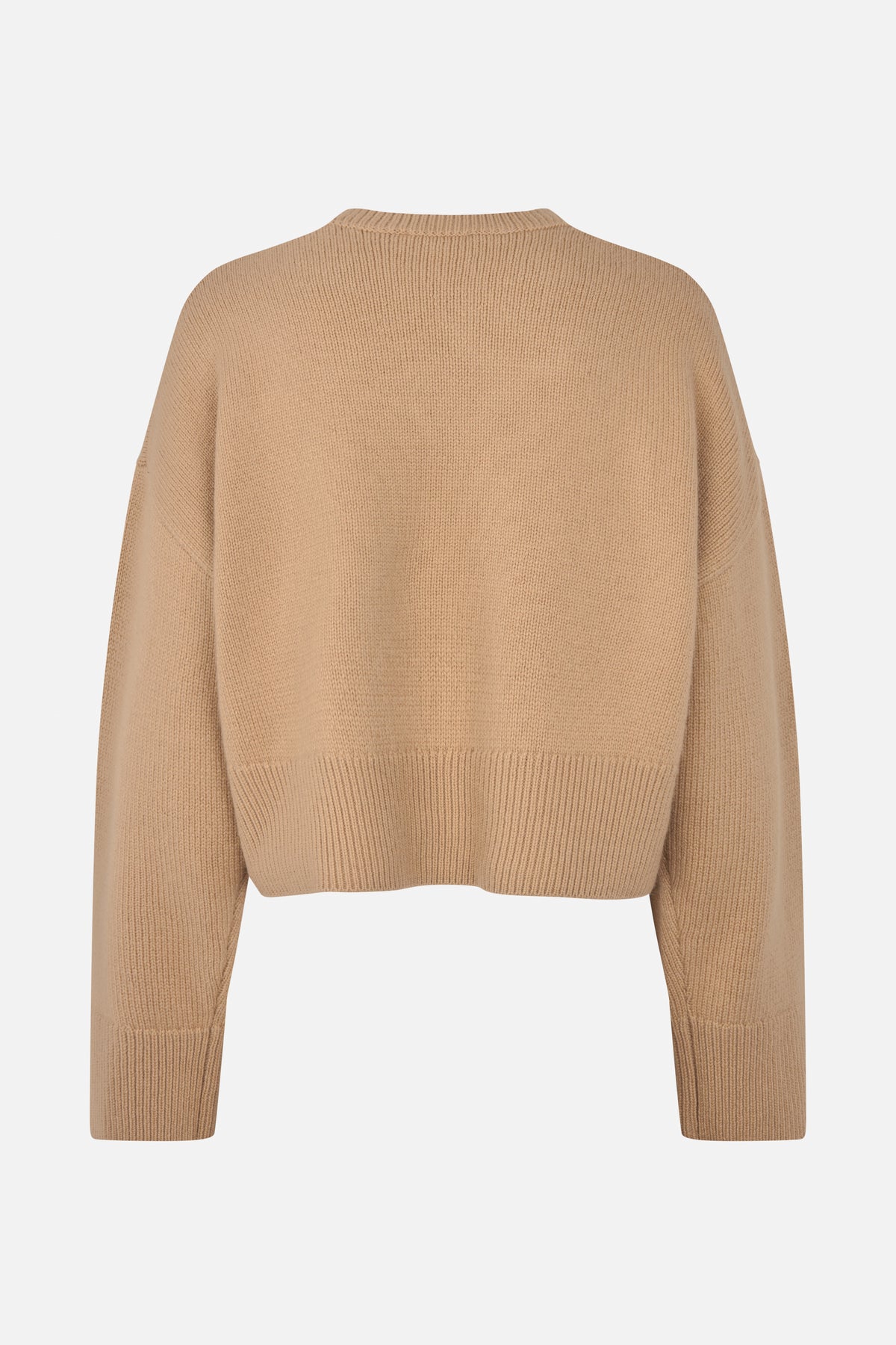 Back view of a camel-coloured cropped knit sweater with long sleeves and ribbed neckline, cuffs and hem.