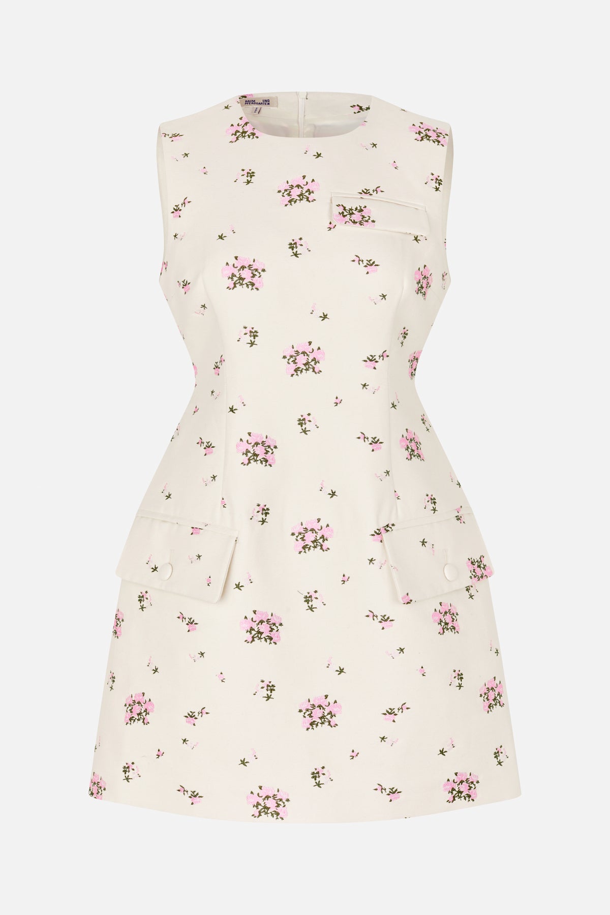 Front view of a cream sleeveless dress with a fitted waist, scattered pink floral print, chest pocket and two flap pockets.