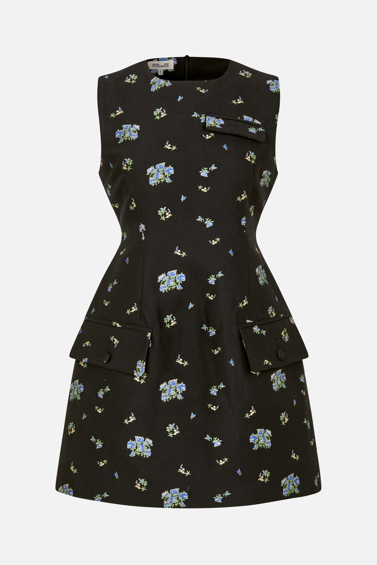 Front view of a sleeveless black dress with a fitted waist, blue and green floral print, and flap pockets at the hips.