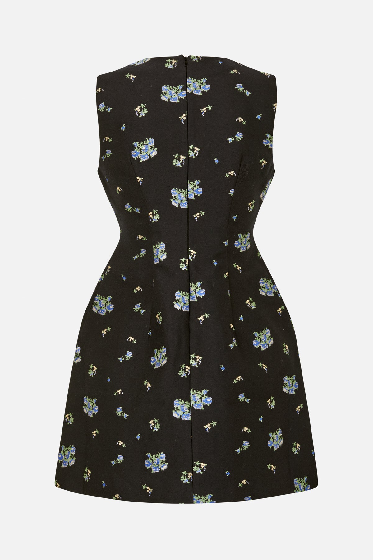 Back view of a sleeveless black fit-and-flare dress with scattered blue, green and cream floral prints and a centre-back zip.