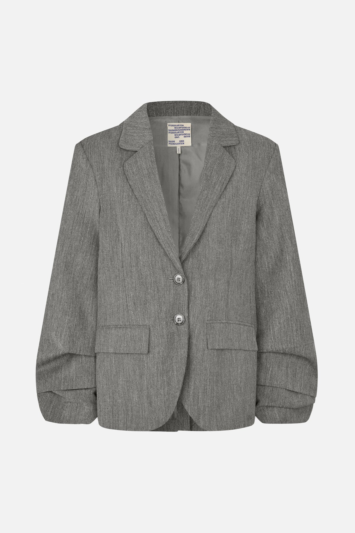 Front view of a grey textured blazer with notched lapels, two buttons, flap pockets and gathered sleeves.