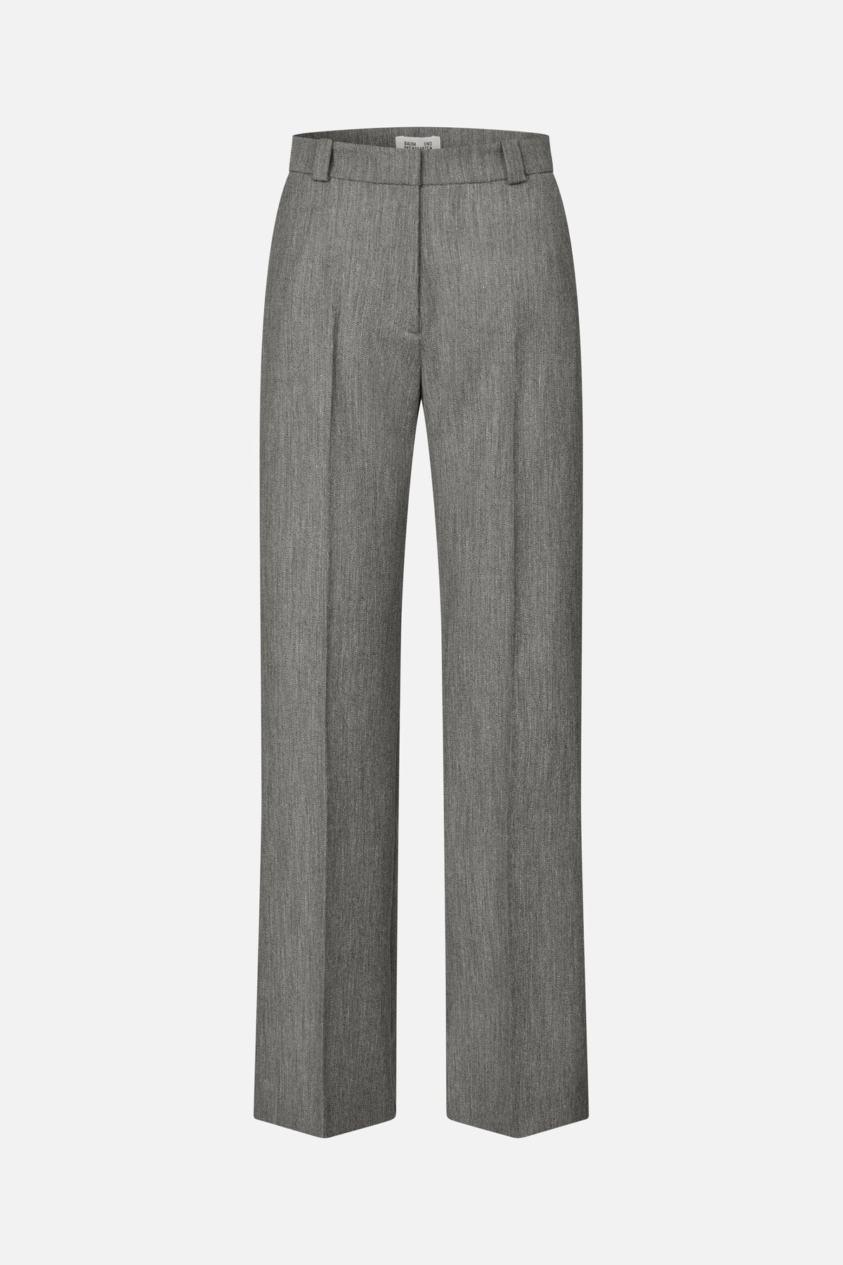 Front view of straight-leg trousers in grey textured fabric, with a flat waistband, belt loops and pressed creases.