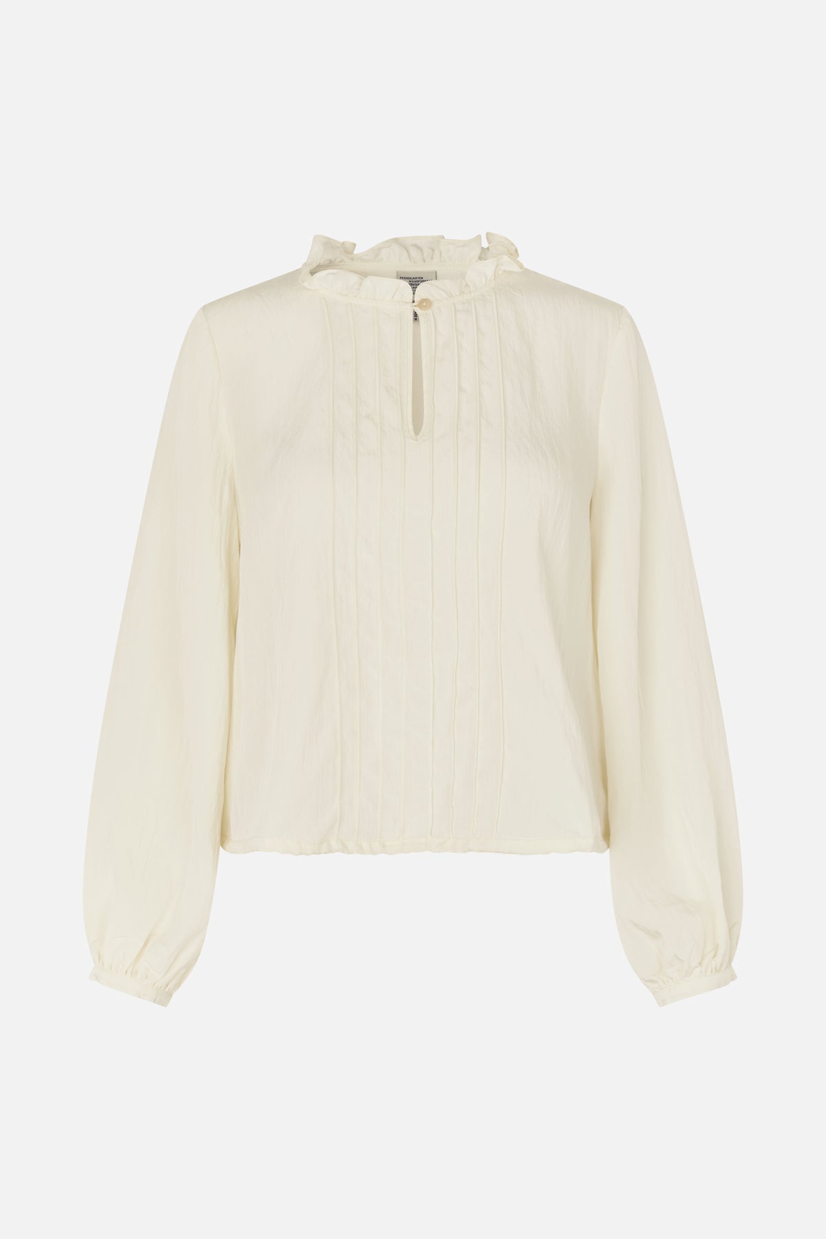 Front view of an ivory long-sleeved blouse with a ruffled high neckline, pintuck detailing and gathered cuffs.