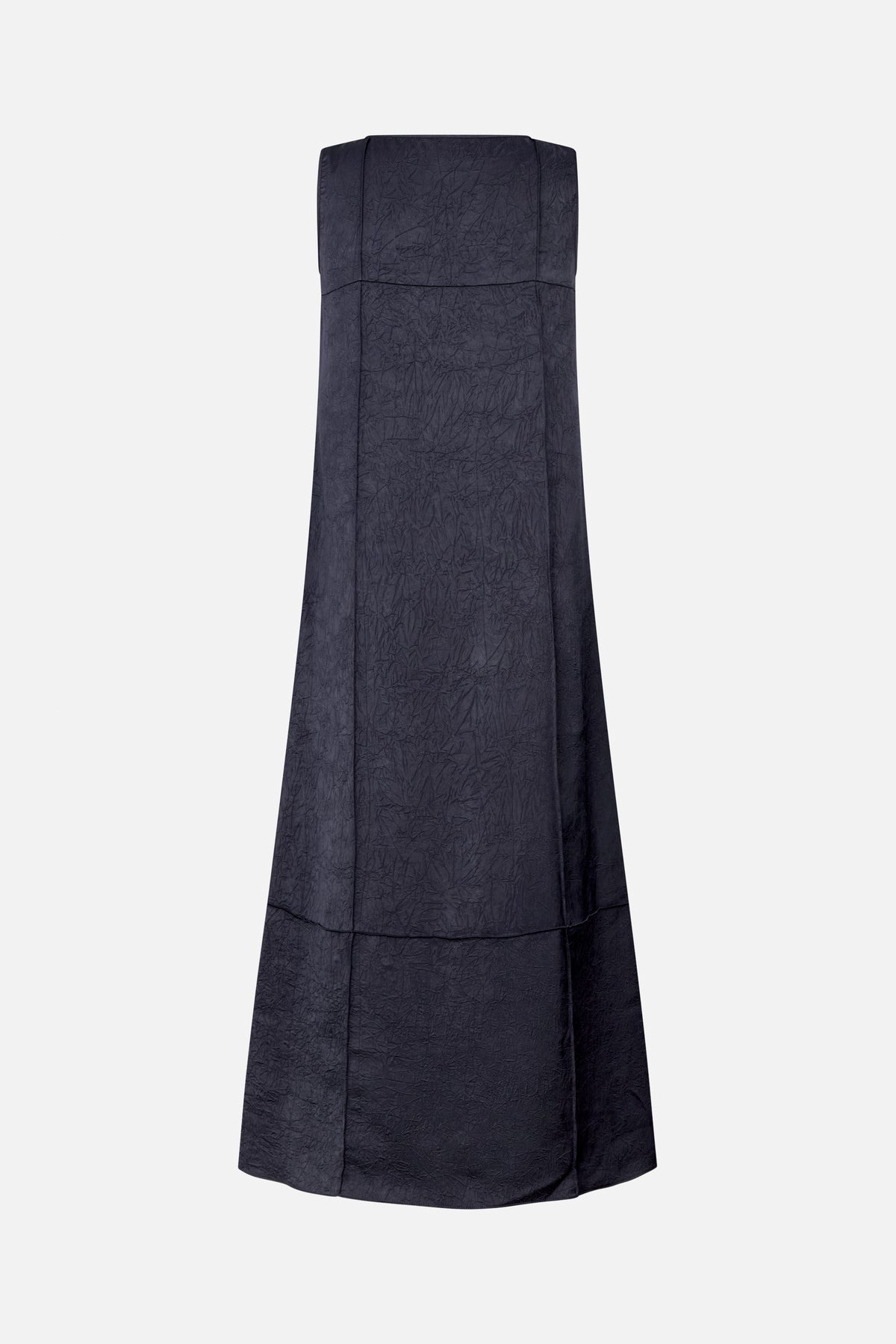 Long dark navy skirt with a crinkled surface and visible panel seams.