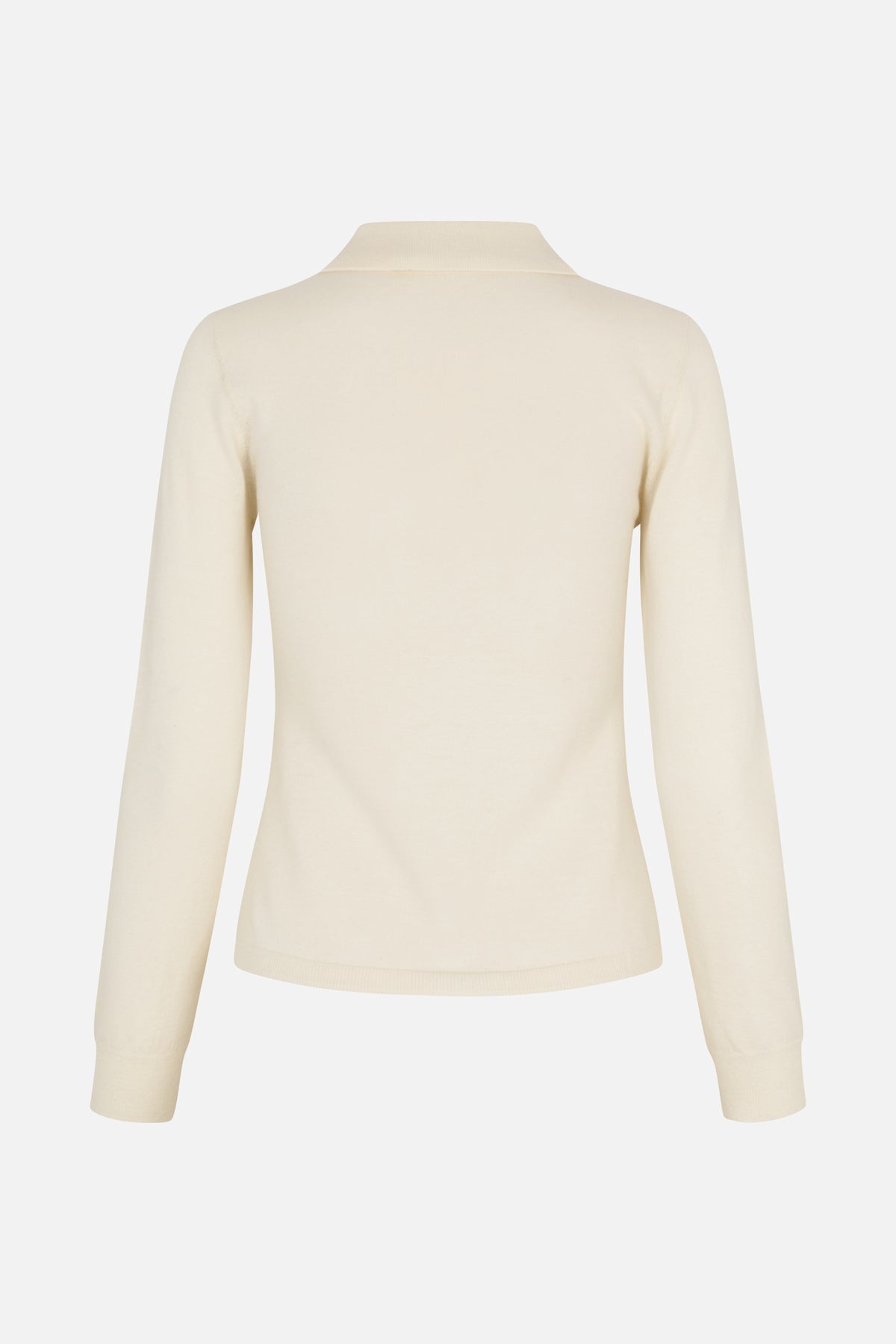 Cream long-sleeve knit top shown from the back, with a high folded collar and ribbed cuffs and hem.