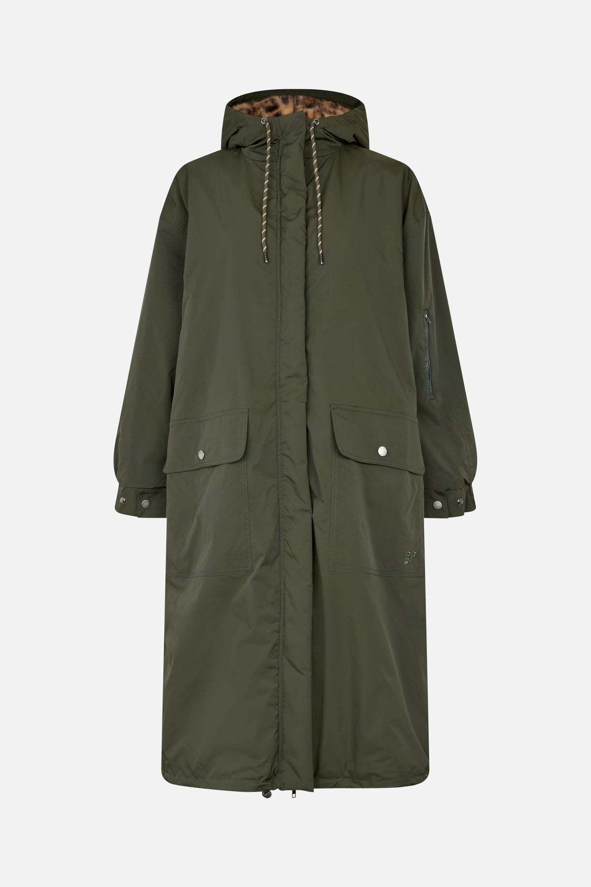 Front view of a long dark olive hooded coat with leopard-print hood lining, drawstrings, flap pockets and a sleeve zip pocket.