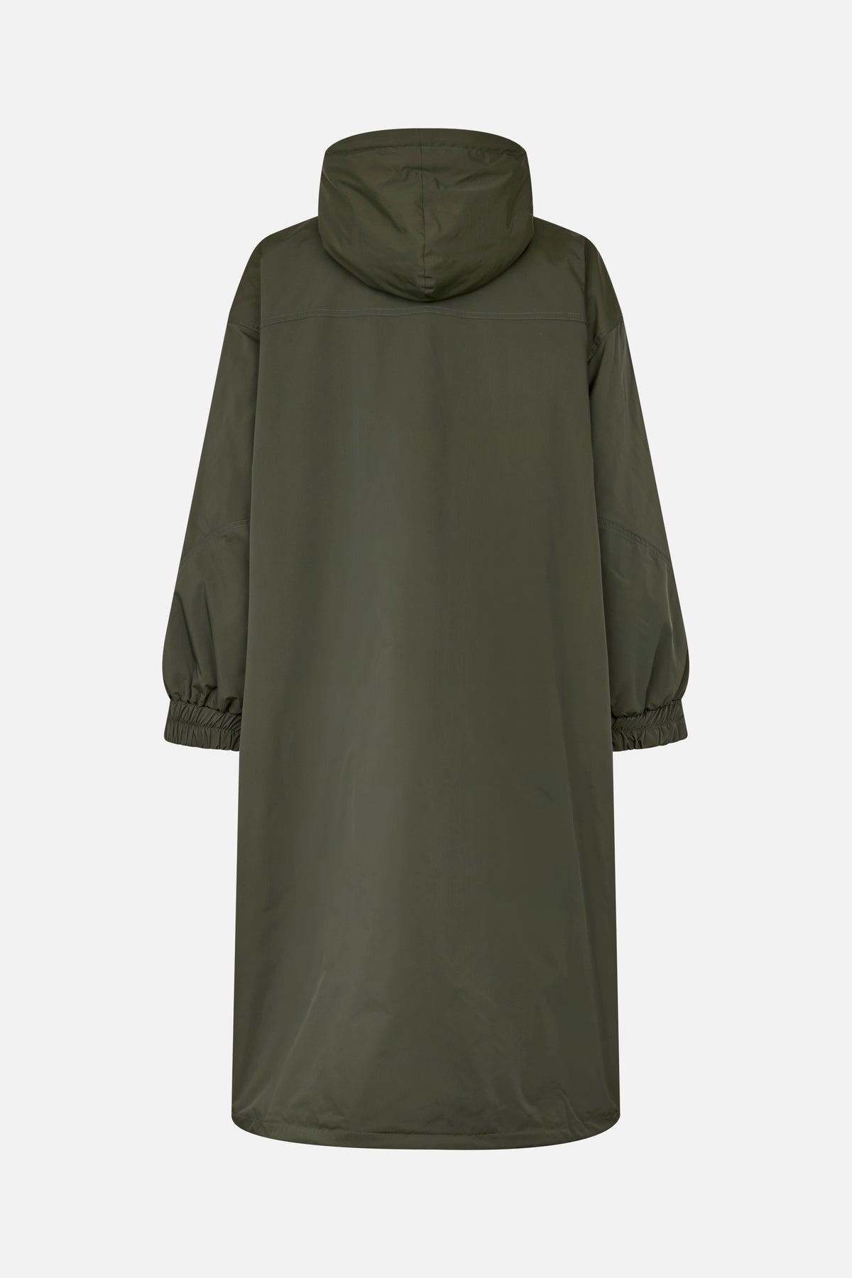 Back view of a long olive-green hooded coat with dropped shoulders and elasticated cuffs.