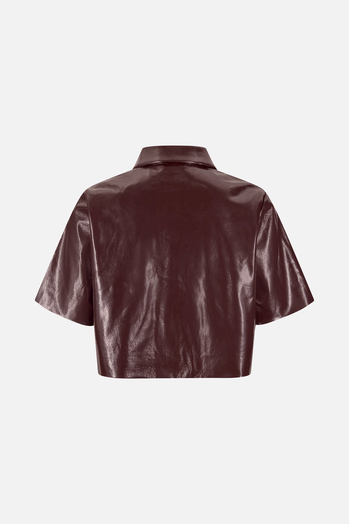 Back view of a glossy burgundy short-sleeved shirt with a pointed collar