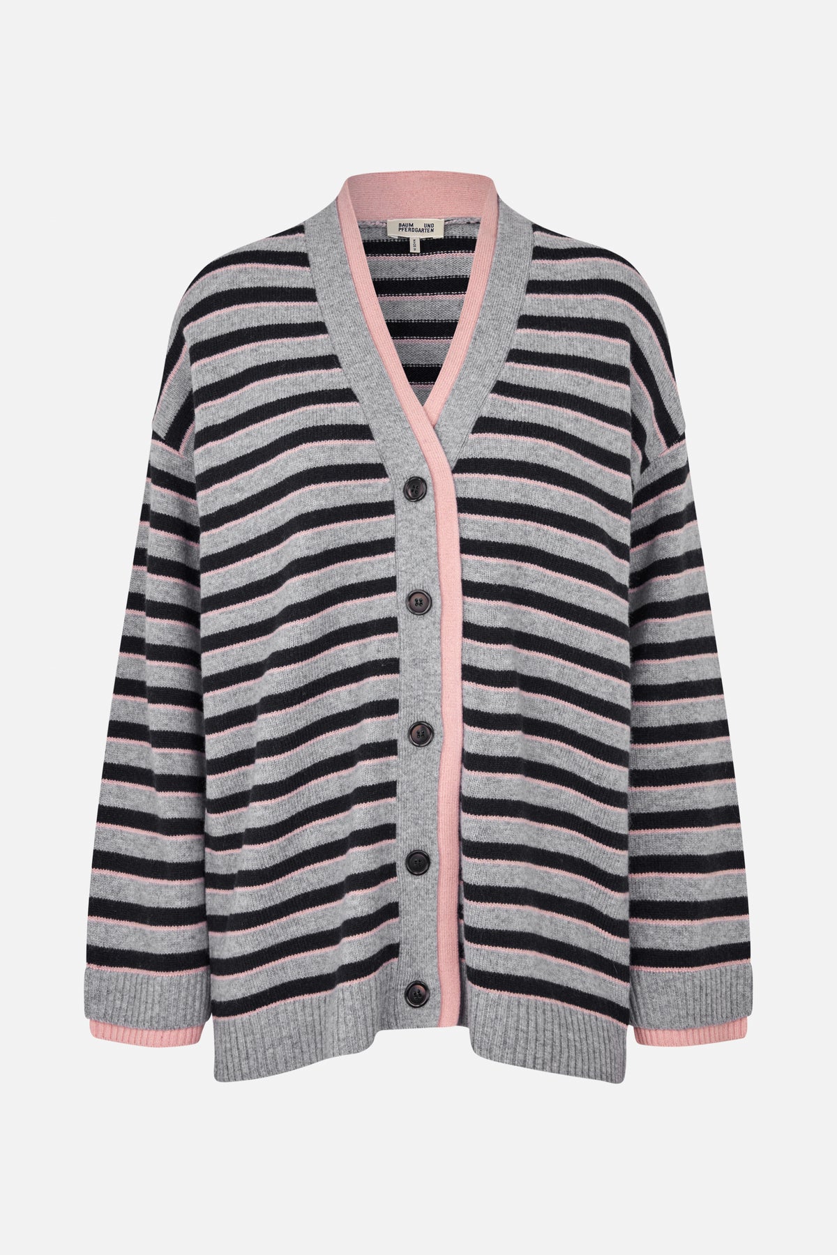 Front view of a grey cardigan with black and pink horizontal stripes, pink V-neck trim, long sleeves and button fastening.