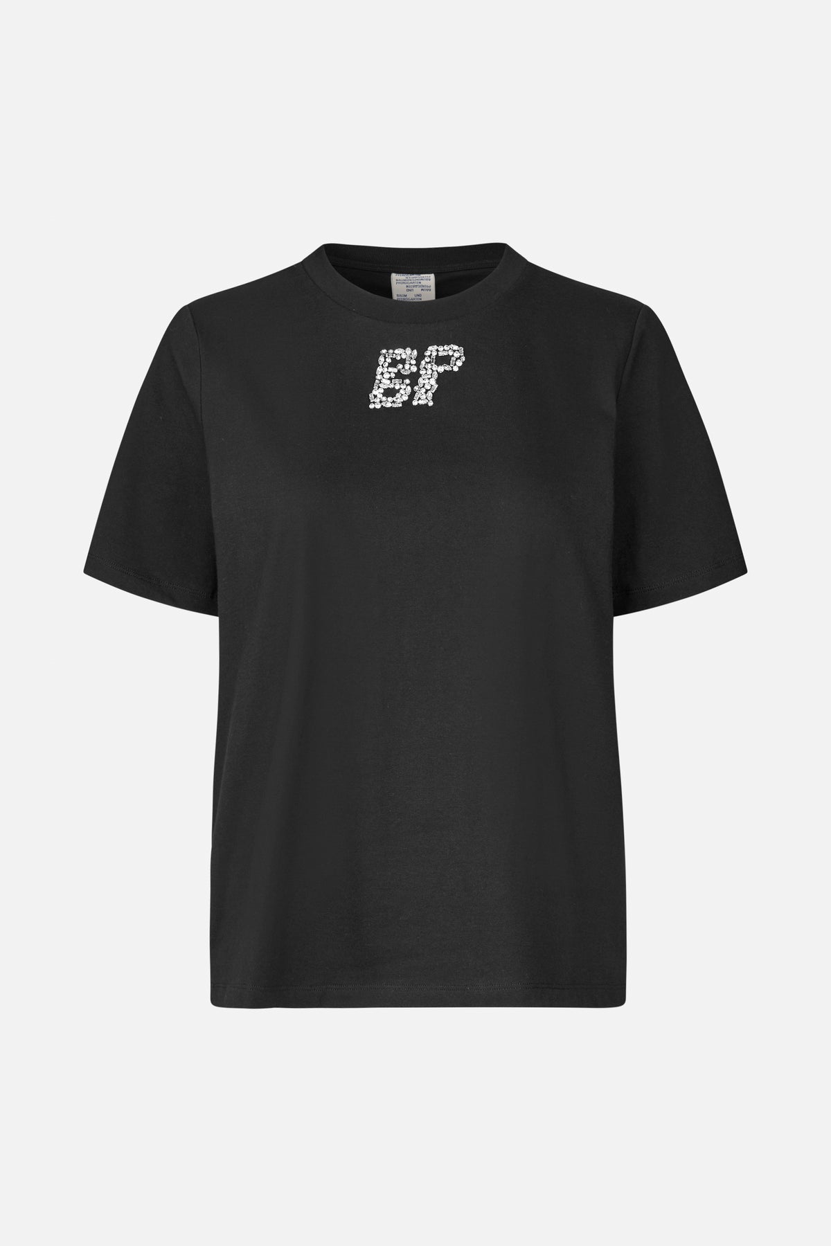 Front view of a black short-sleeved crew-neck T-shirt with a small silver beaded “B” emblem on the chest.