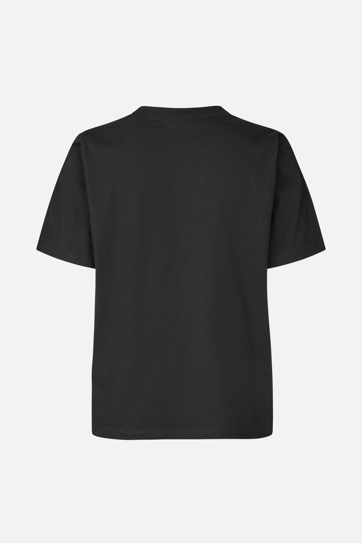 Back view of a plain black short-sleeved T-shirt with a crew neckline.