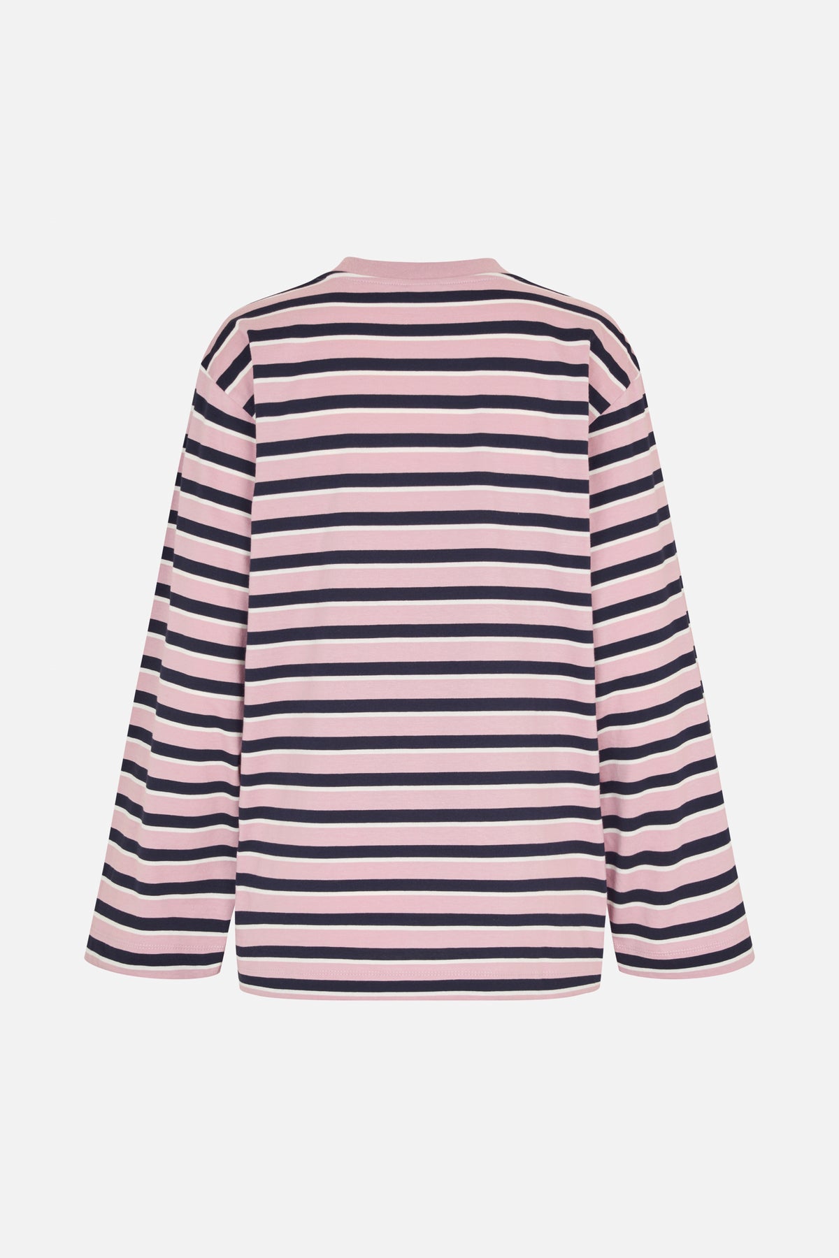 Back view of a long-sleeved shirt with a collar and horizontal pink, navy and ivory stripes.