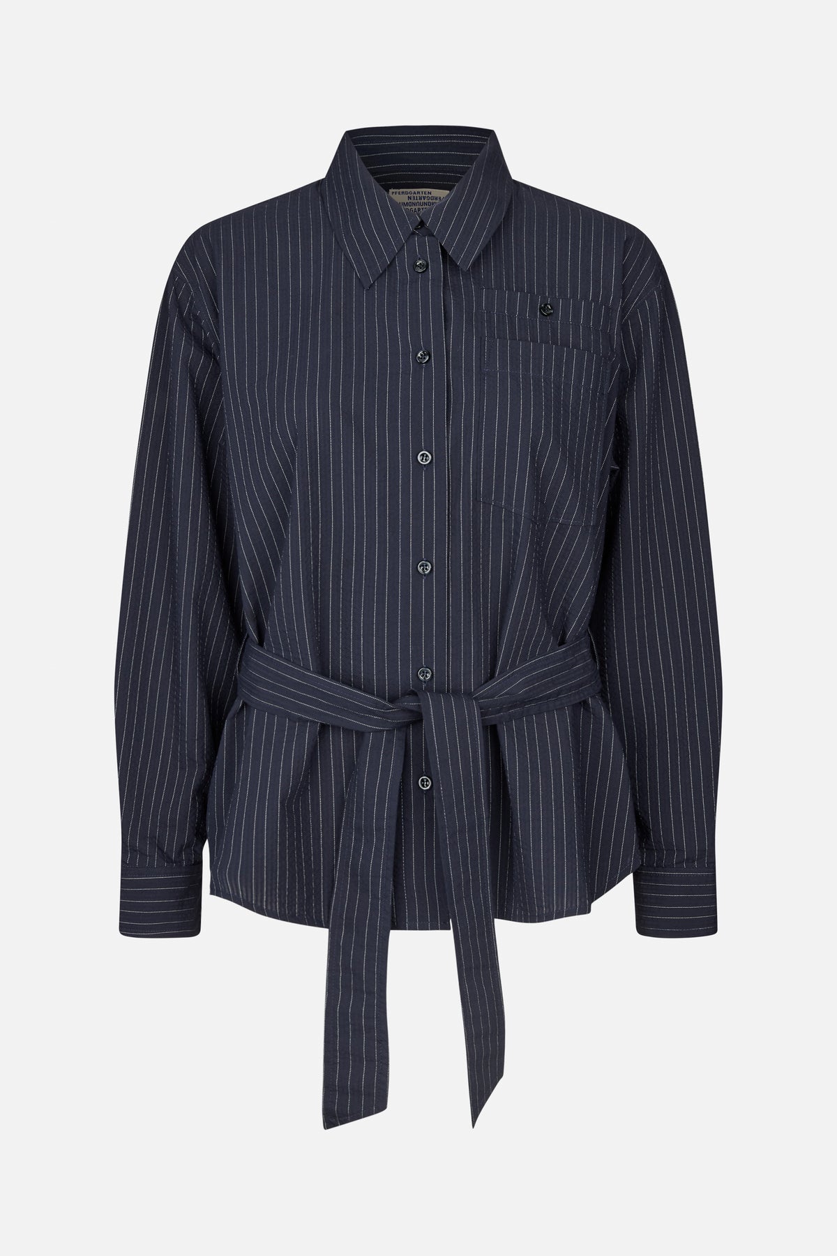 Front view of a dark navy pinstripe button-up shirt with a chest pocket, pointed collar, and matching waist tie.