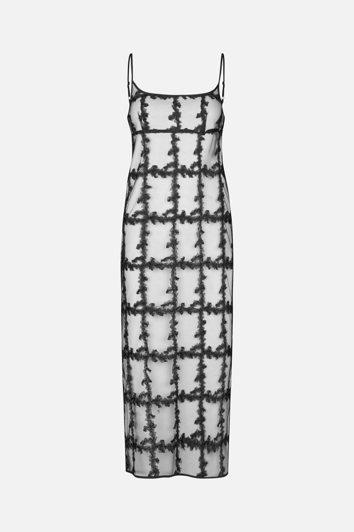 Front view of a sheer black slip dress with thin adjustable straps and a textured lace grid pattern.