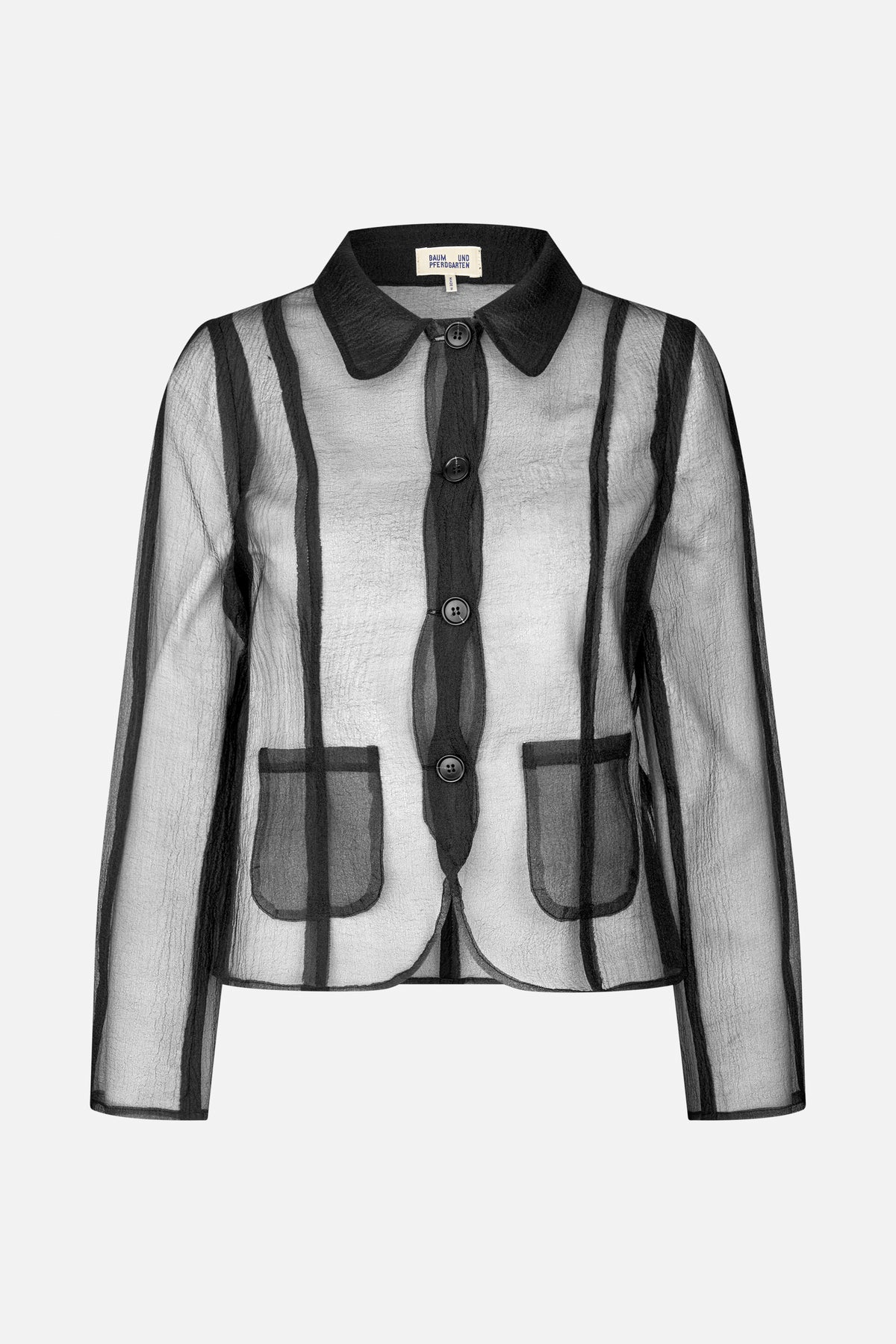 Front view of a sheer black-and-grey striped button-up jacket with a pointed collar, long sleeves and two patch pockets.