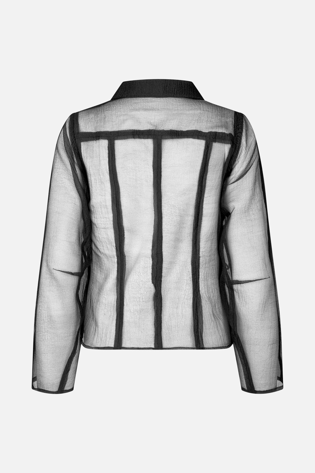 Back view of a sheer long-sleeved blouse with bold black vertical stripes and a dark collar.