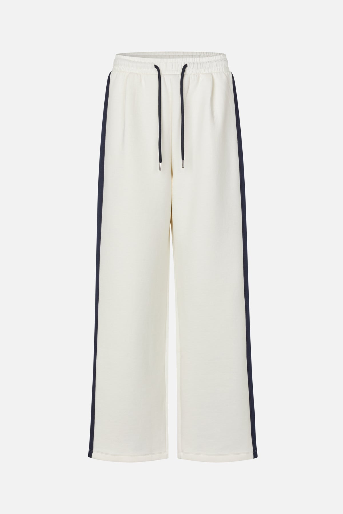 Front view of ivory wide-leg trousers with an elastic drawstring waist and dark navy side stripes.