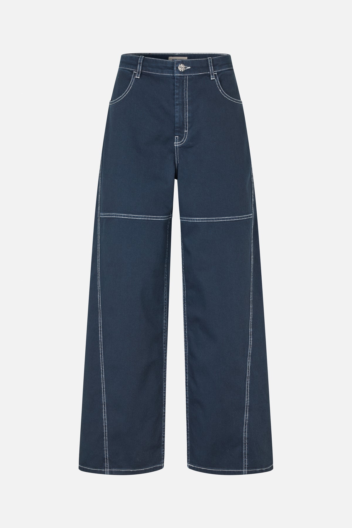 Front view of dark blue jeans with wide legs, white contrast stitching, curved front pockets and a button closure.