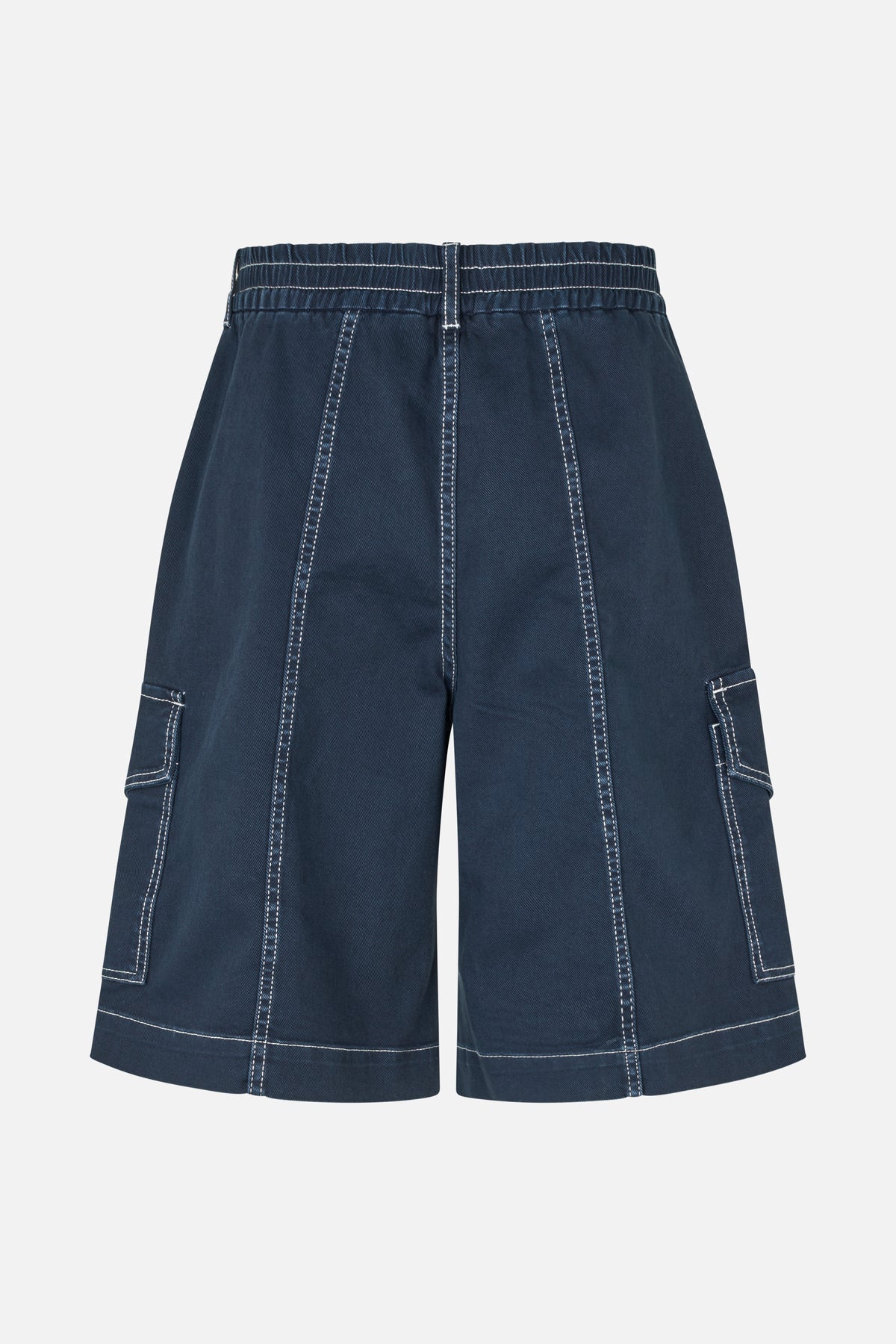 Front view of dark navy wide-leg shorts with a gathered waistband, cargo pockets and prominent white contrast stitching.