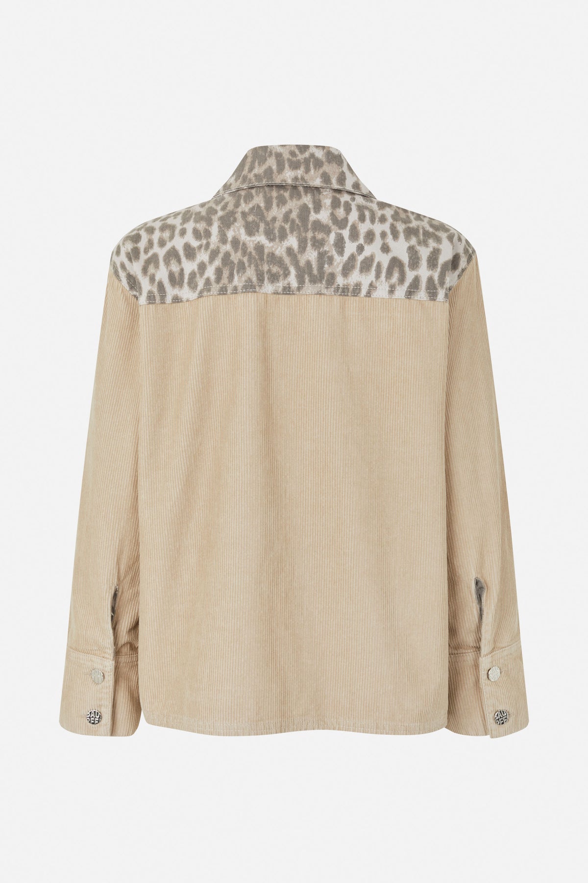 Back view of a beige ribbed shirt with a contrasting taupe animal-print collar and shoulder yoke.