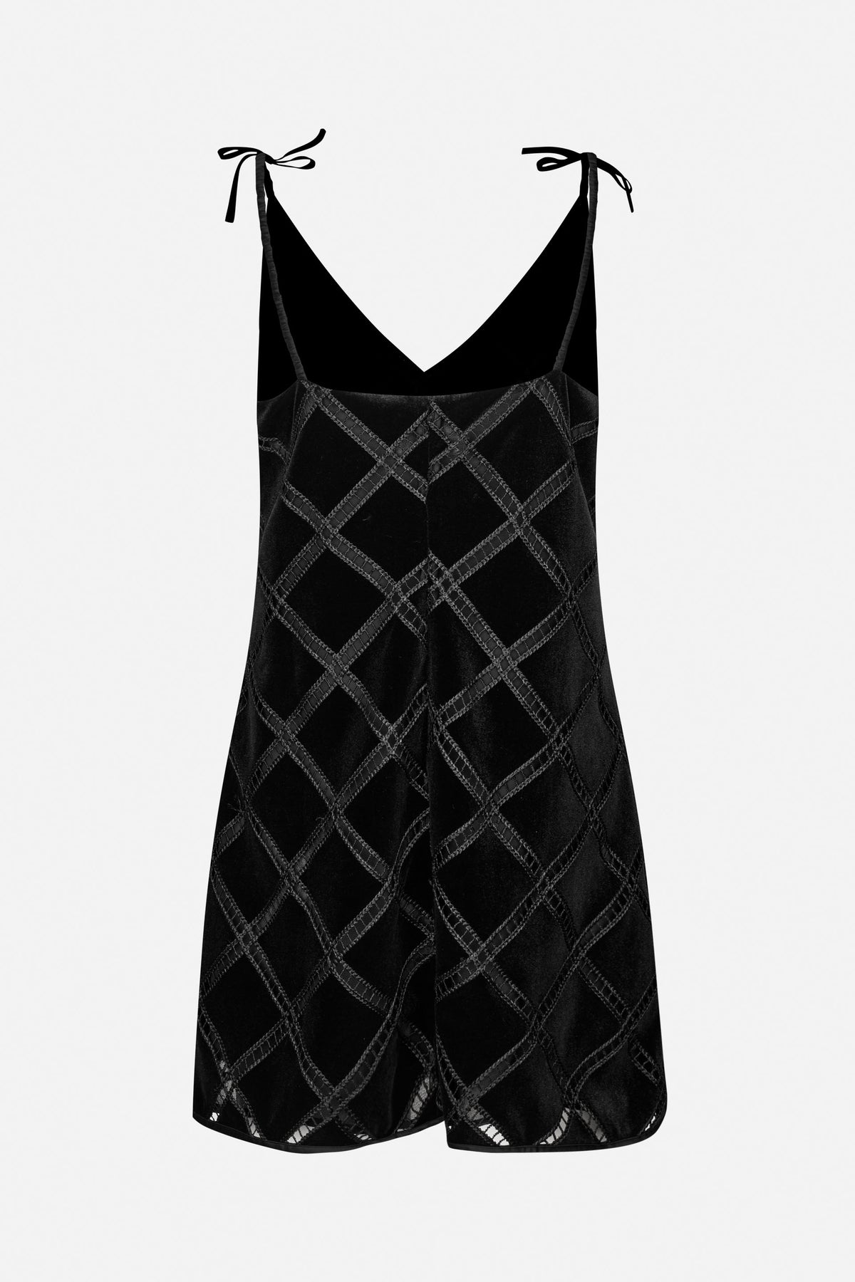 Front view of a black sleeveless playsuit with tie shoulder straps, a deep V-neck and a tonal diamond lattice pattern.