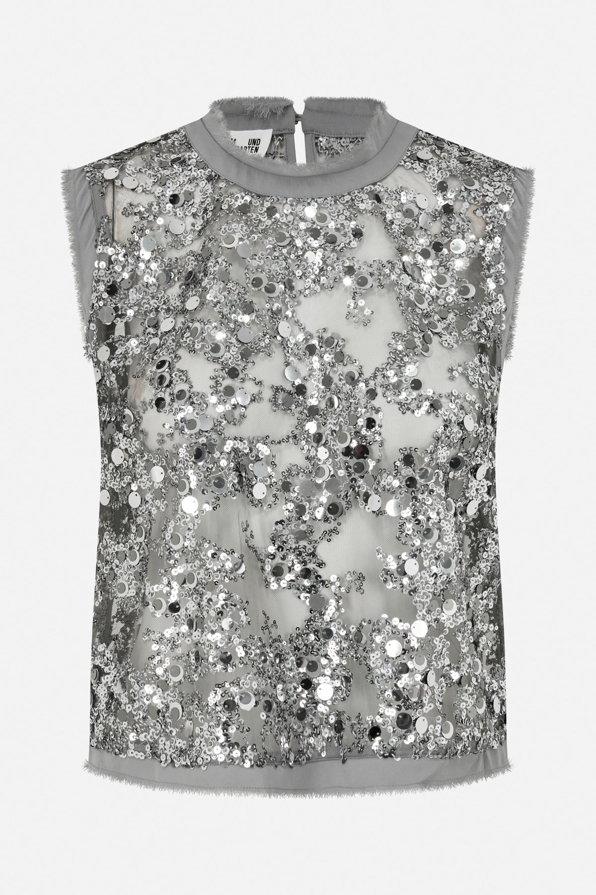 Front view of a sheer grey sleeveless top densely covered in silver sequins, with a high round neckline and fringed edges.