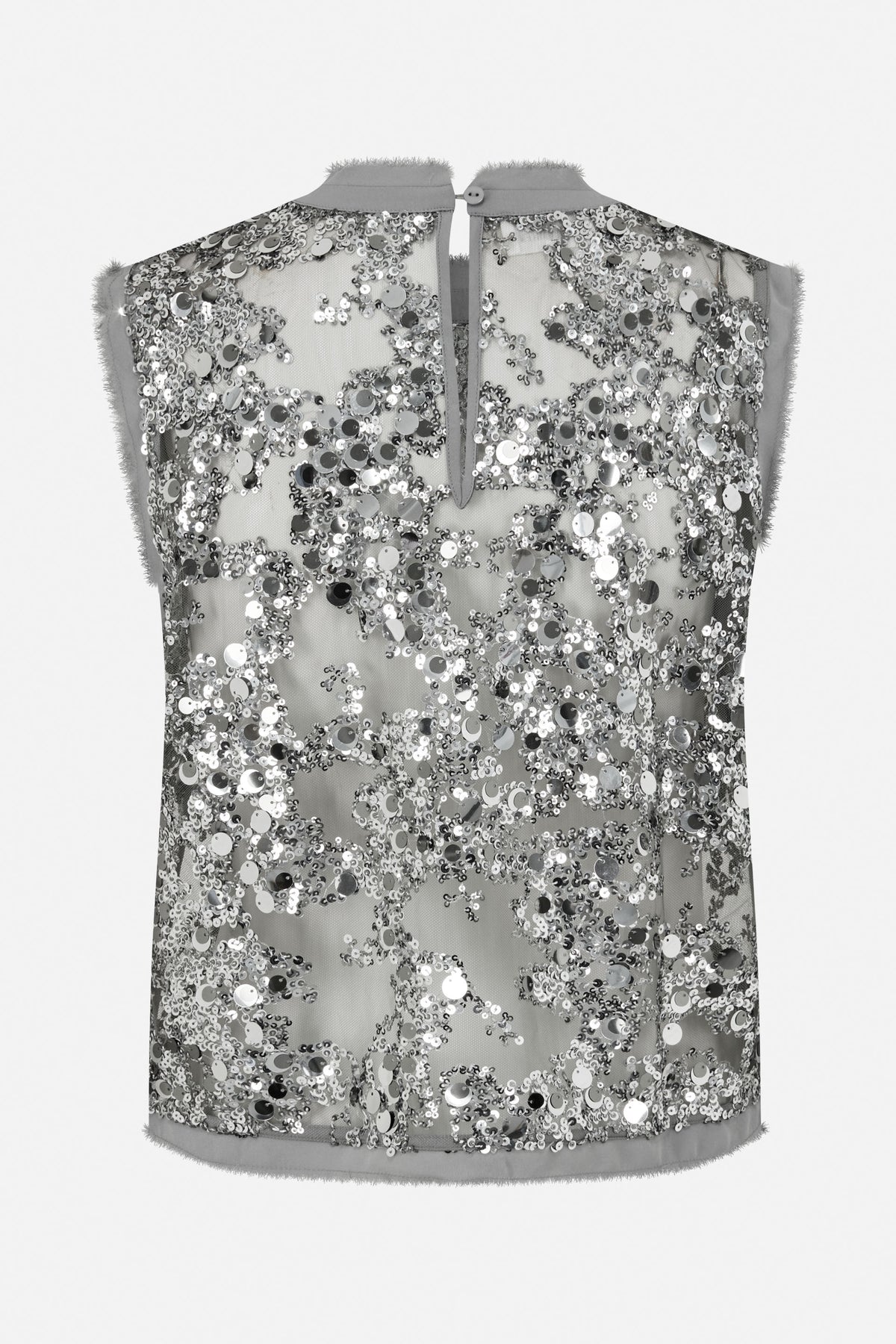 Back view of a grey mesh sleeveless top covered in silver sequins, with a collar and button closure
