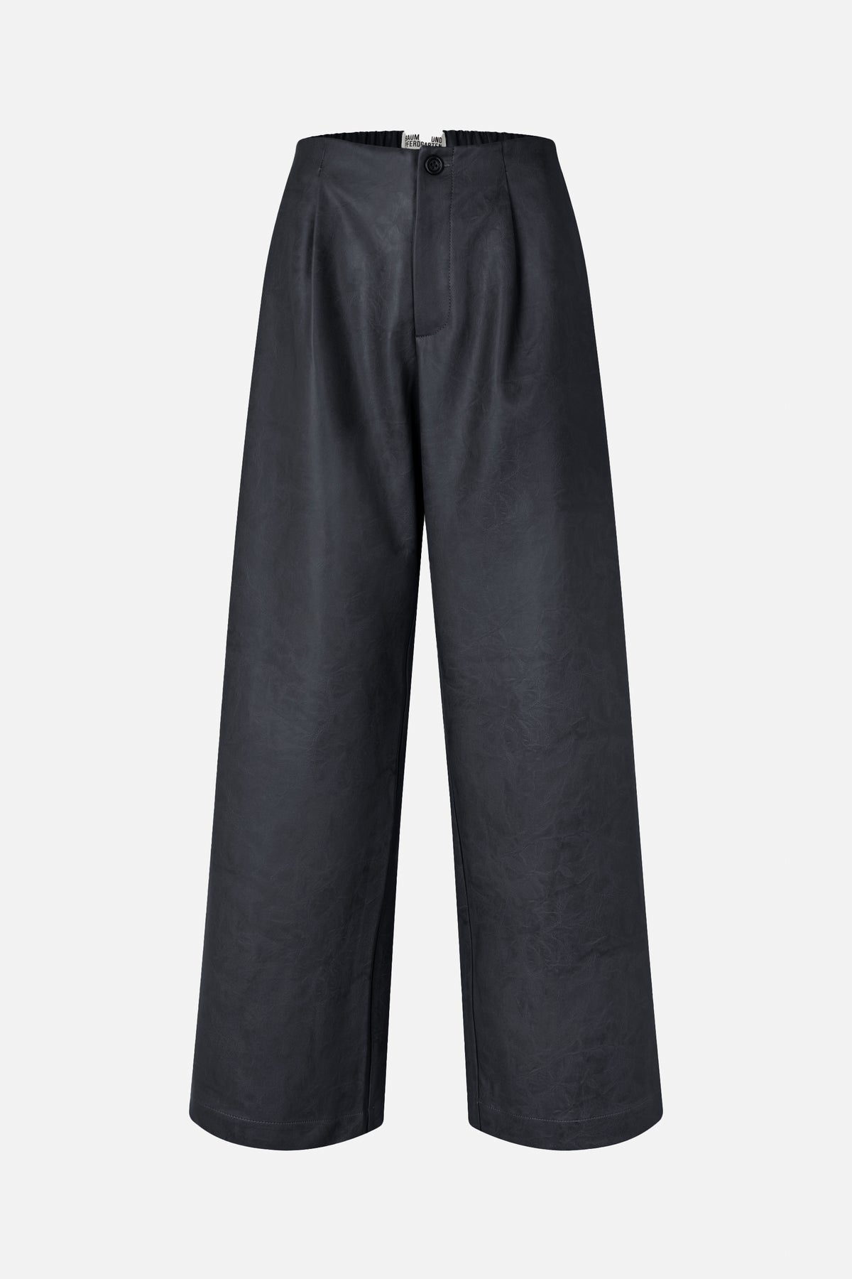 Front view of charcoal wide-leg trousers with a subtle crinkled texture, button fastening and elasticated back waistband.