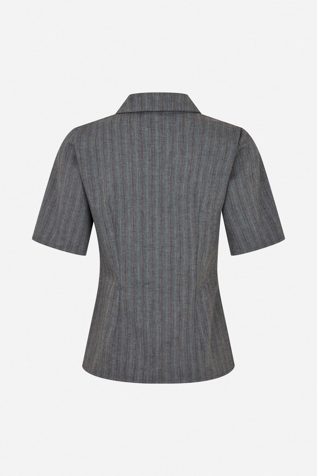 Back view of a short-sleeved collared blouse in charcoal grey with fine vertical stripes and a shaped waist.