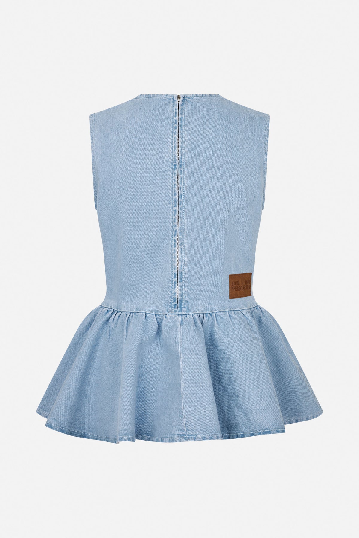 Back view of a light blue denim sleeveless dress with a central zip and gathered flared skirt.