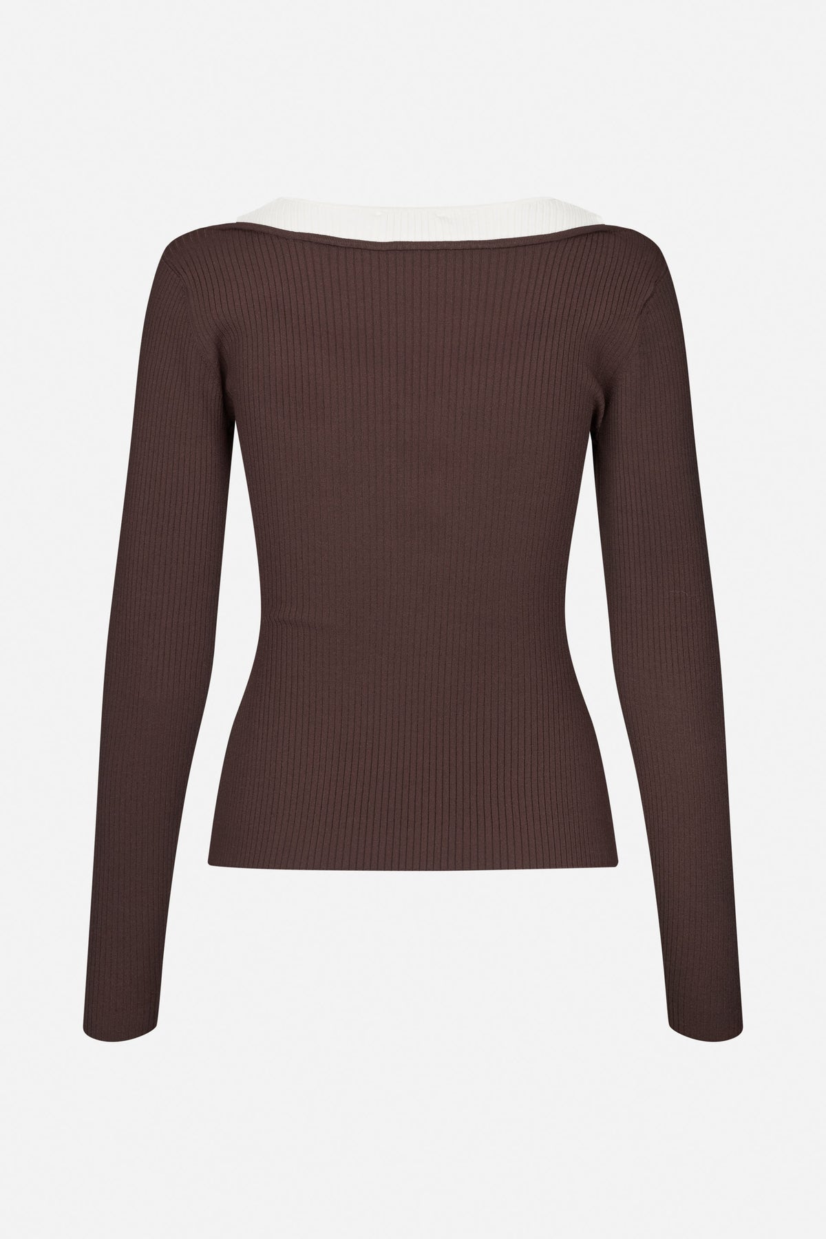 Front view of a fitted dark brown ribbed long-sleeve top with a wide neckline layered over a white ribbed top.