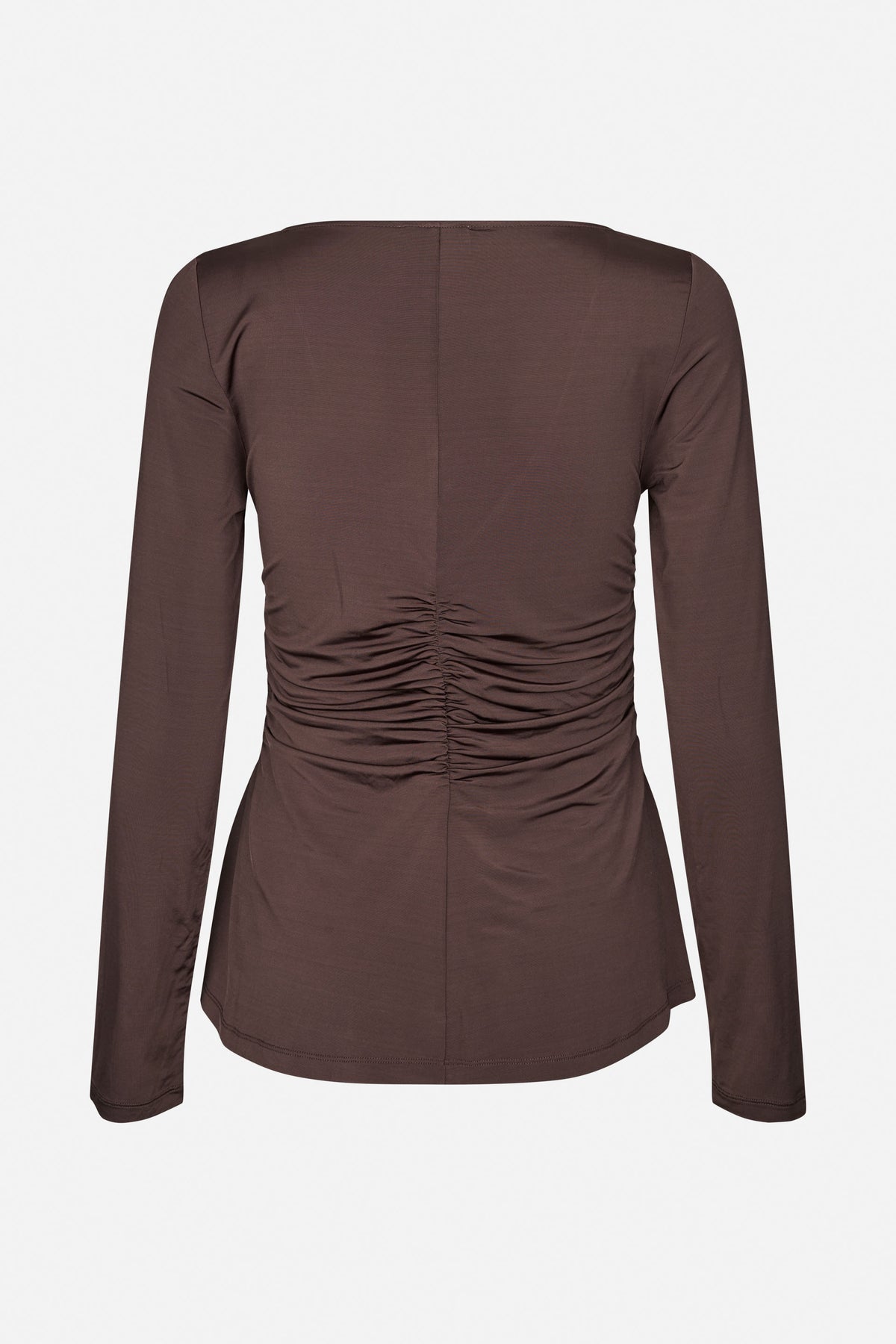 Front view of a dark brown long-sleeved top with a wide neckline and gathered ruching down the centre front.