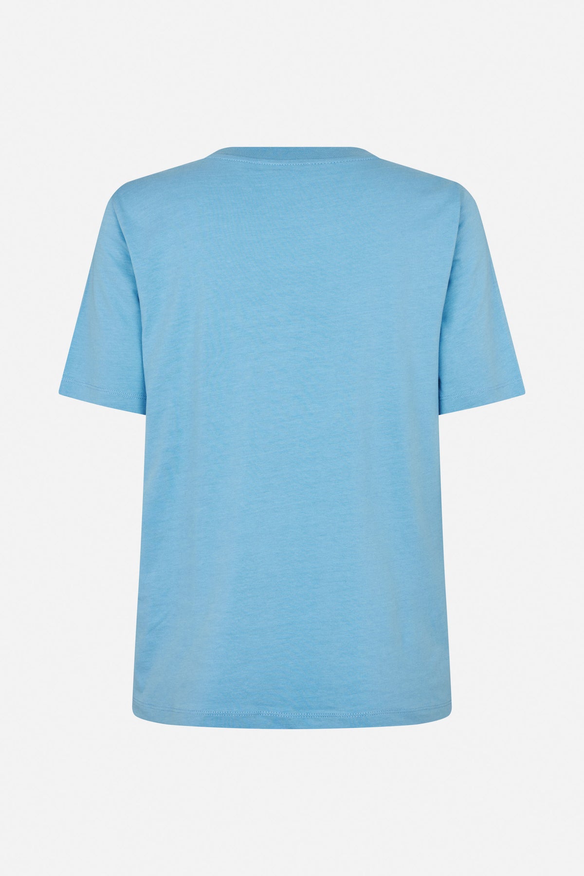 Back view of a plain light blue short-sleeve T-shirt with a crew neck and straight hem.