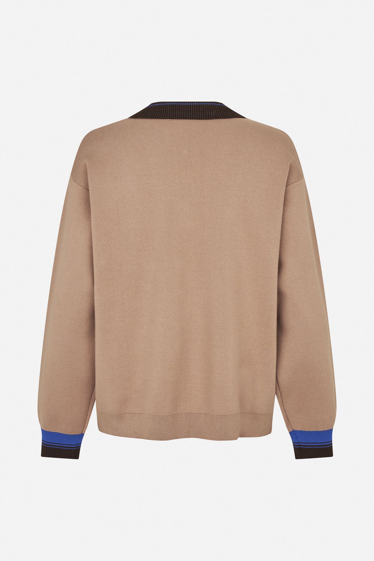Back view of a beige knit sweater with a dark ribbed collar and cuffs accented by bright blue stripes.