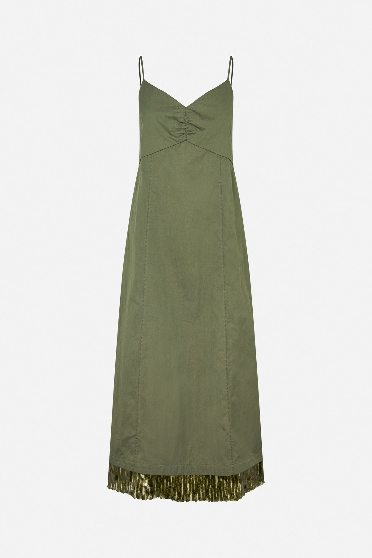 Front view of an olive green spaghetti-strap dress with a ruched V-neck bodice, panel seams and a sequined hem.