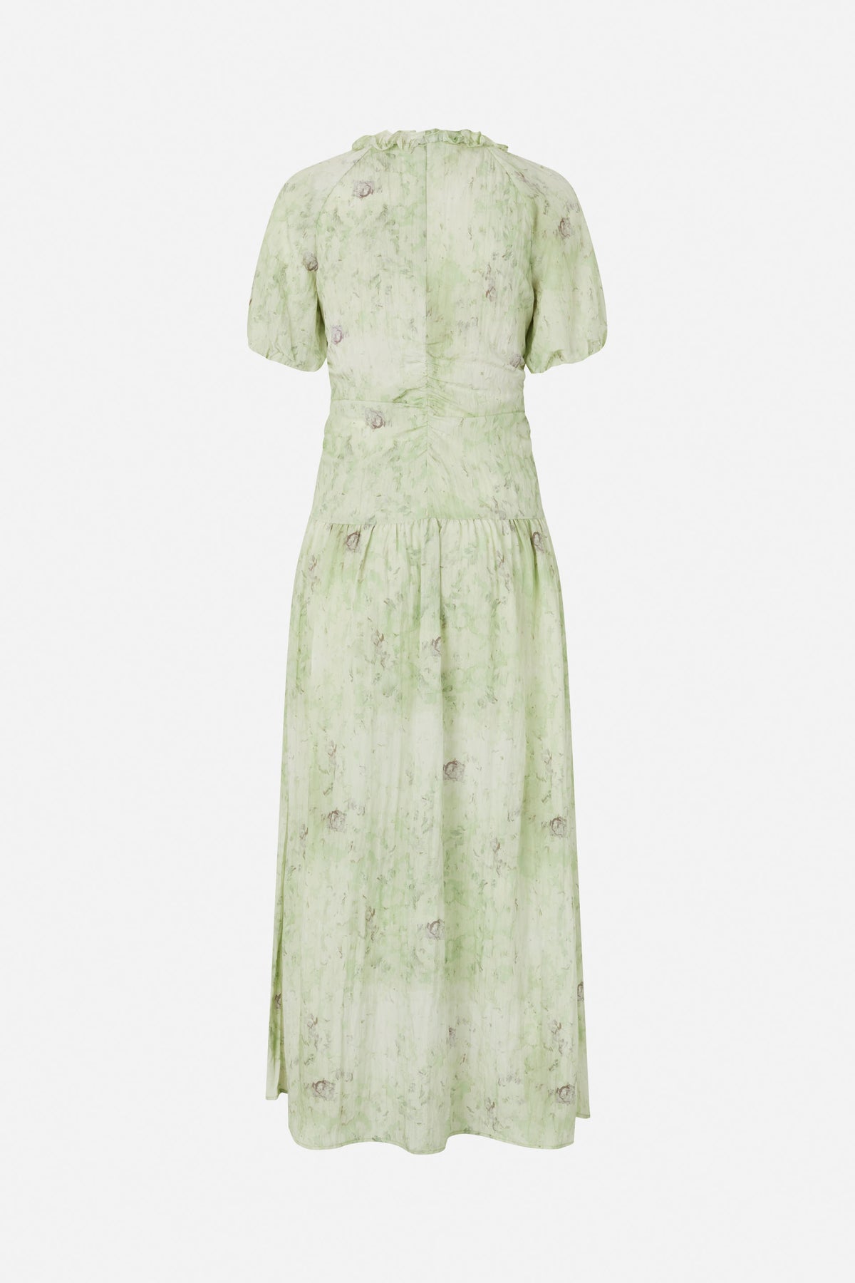 Back view of a pale green maxi dress with a muted floral print, short puff sleeves, a ruffled neckline and gathered skirt.