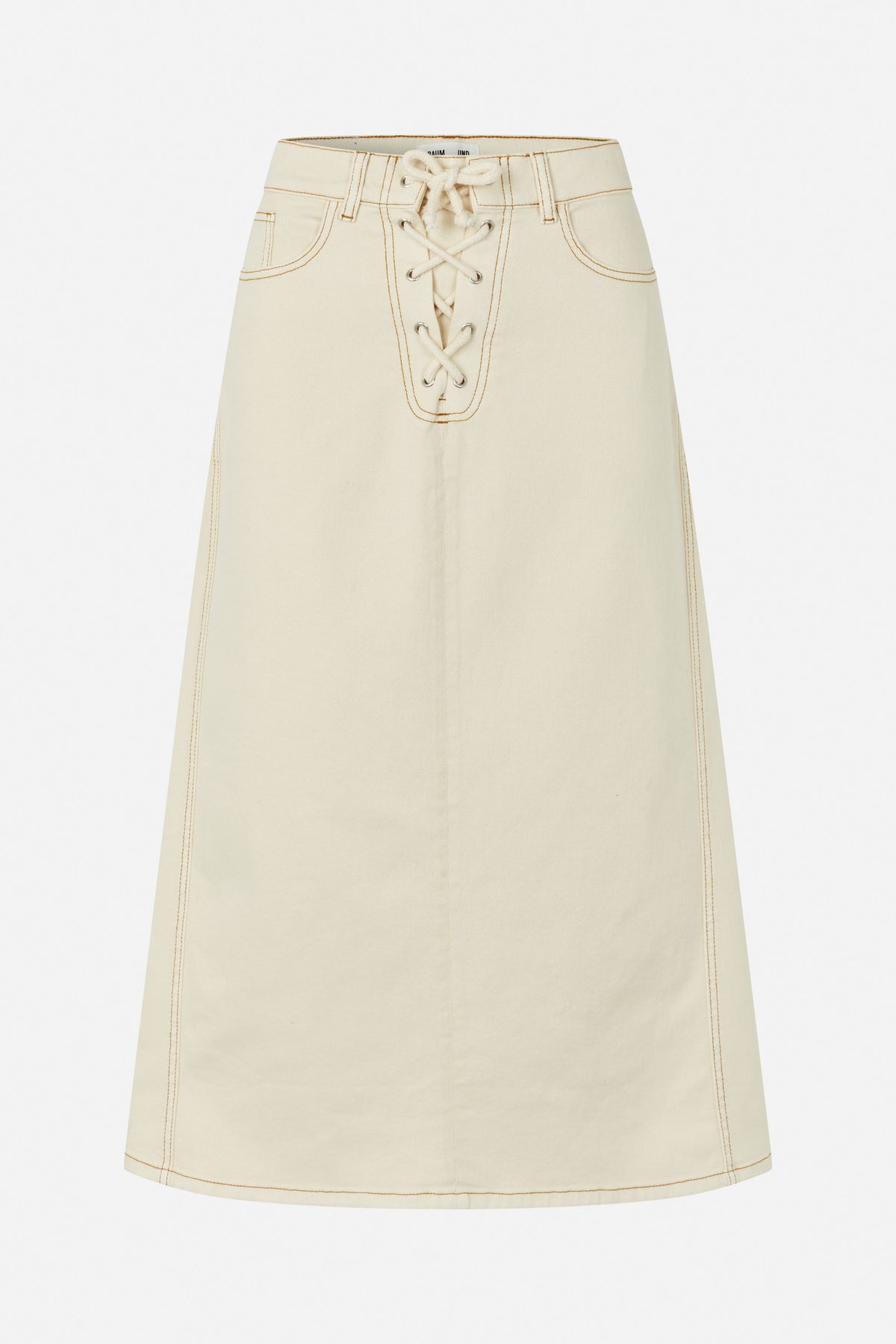 Ivory A-line denim skirt shown from the front, with contrast brown stitching, belt loops, front pockets and a lace-up waistband.
