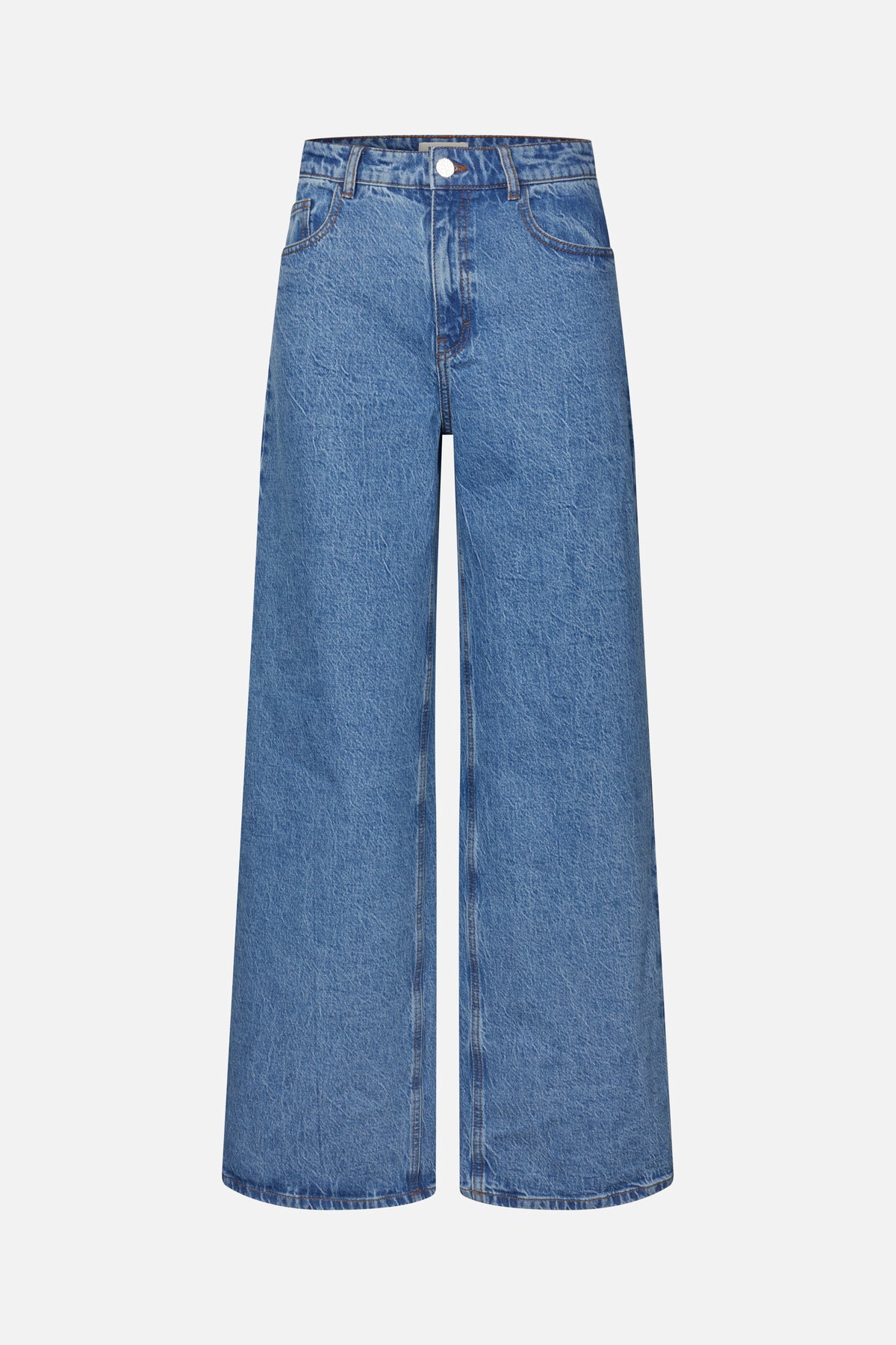 Front view of wide-leg blue jeans with a faded wash, contrast stitching, belt loops and a button closure.