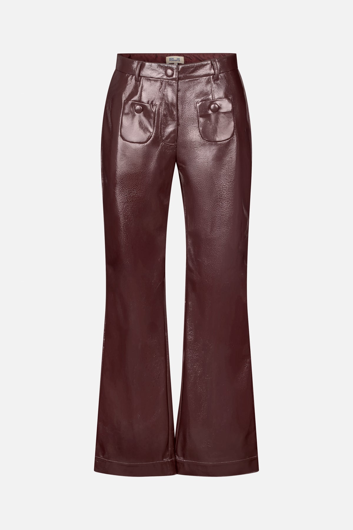 Front view of glossy burgundy wide-leg trousers with a buttoned waistband and two front patch pockets.