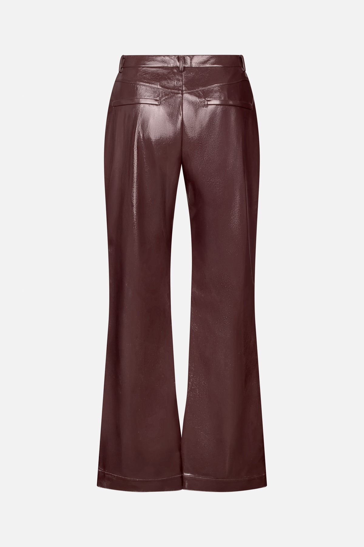 Back view of glossy burgundy wide-leg trousers with belt loops and two welt pockets.